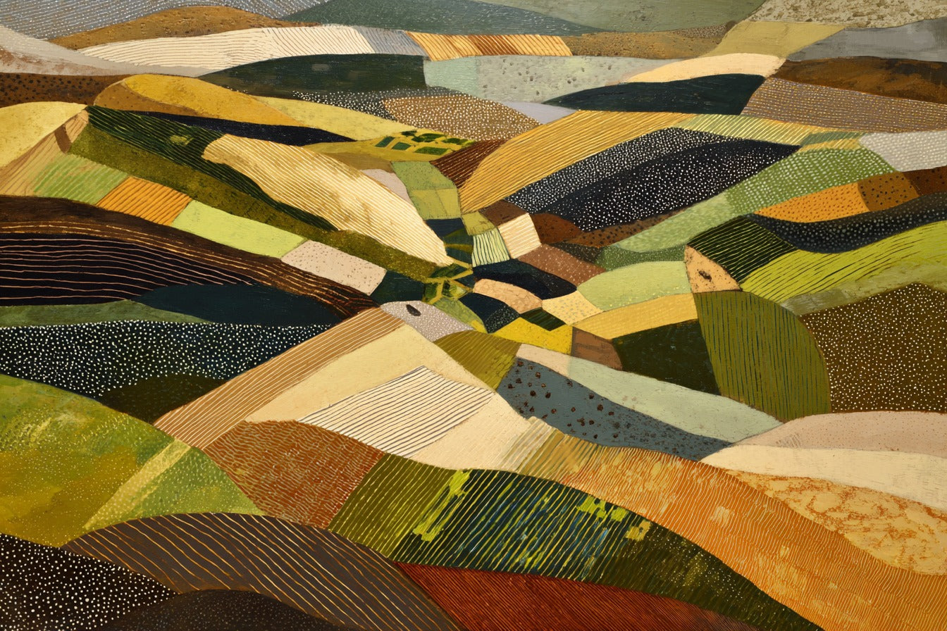 Curved patchwork fields in olive, gold, cream, and rust with dark green bands and dotted sections
