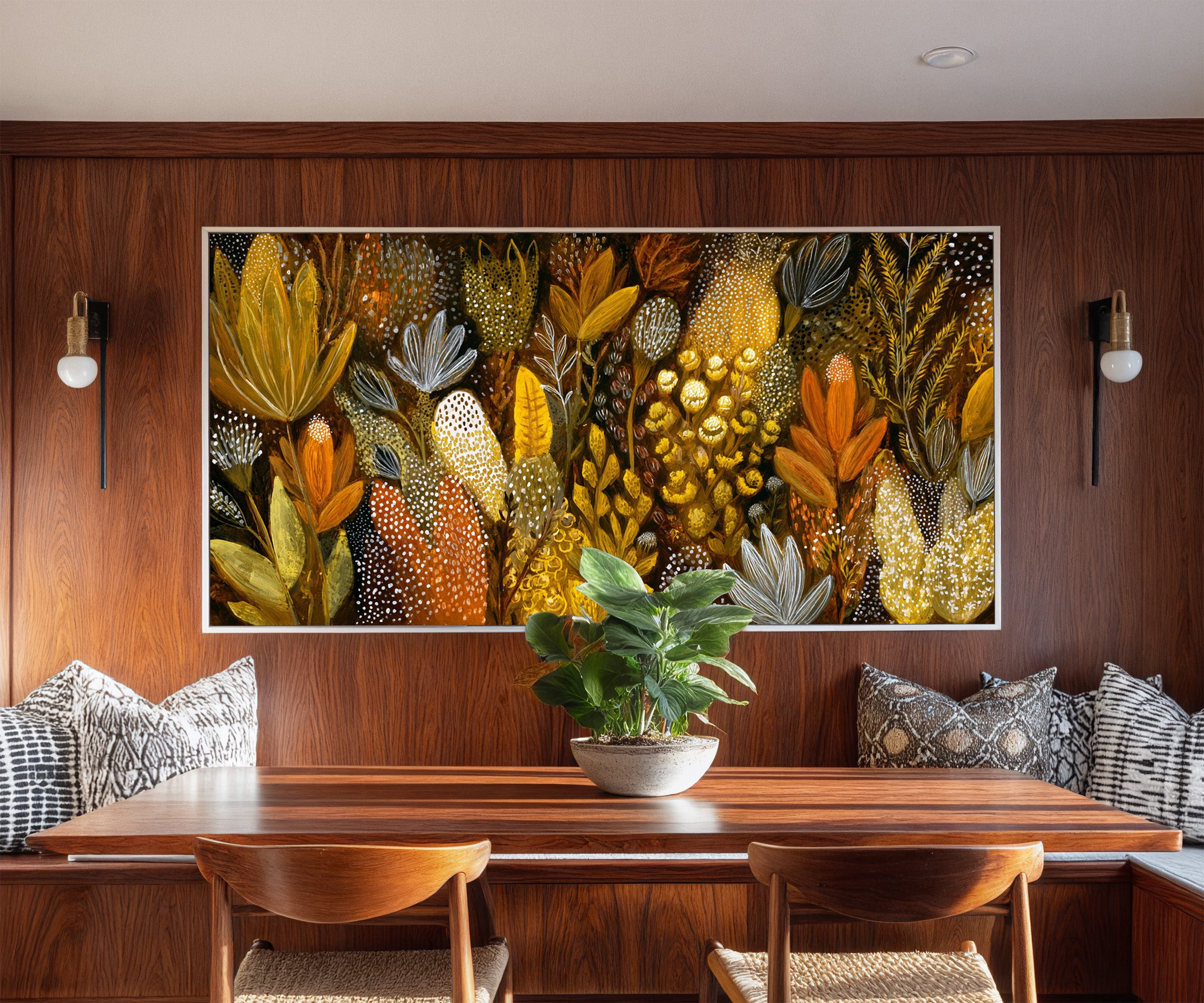 dense ochre and terracotta botanical abstract canvas wall art in a white frame in a styled room setting