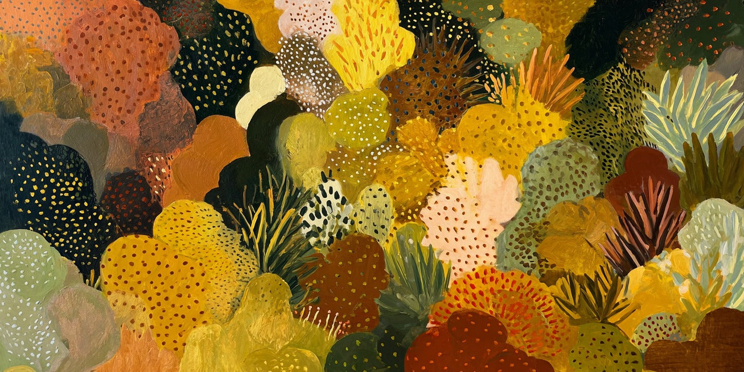 Dense ochre and terracotta leaf forms with gold dots clustered across a dark ground