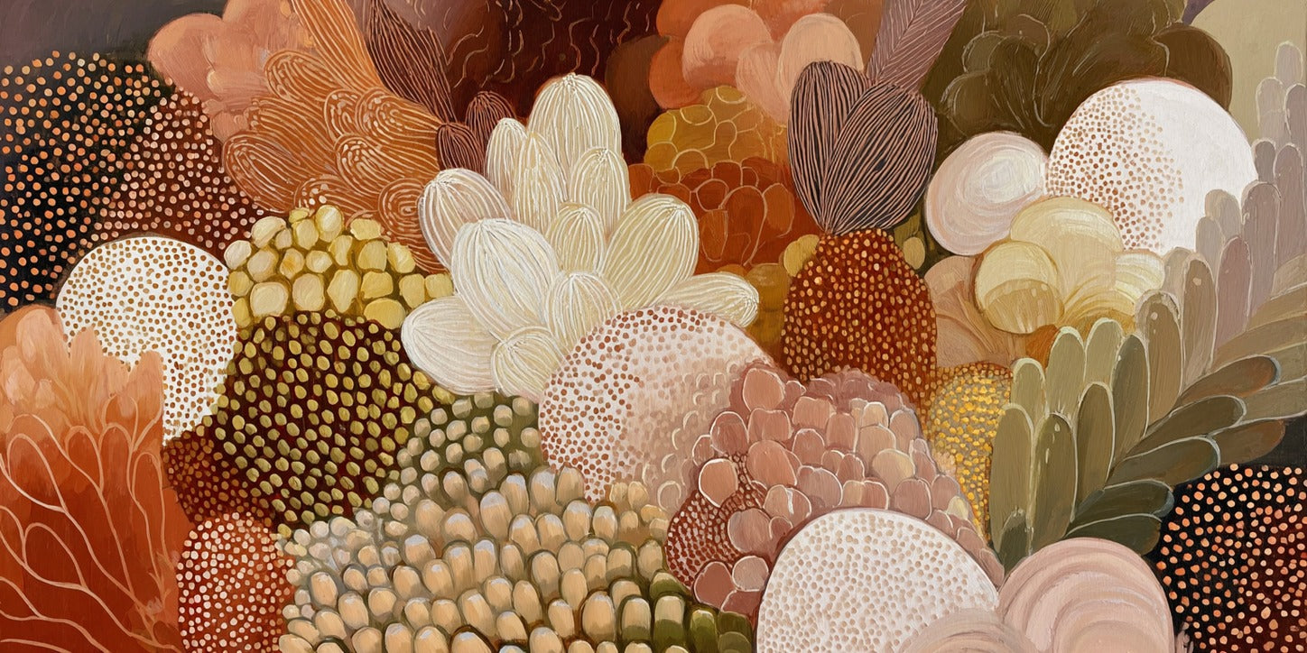 Dense layered leaf forms in rust, olive, cream, and blush with dotted surfaces across the canvas