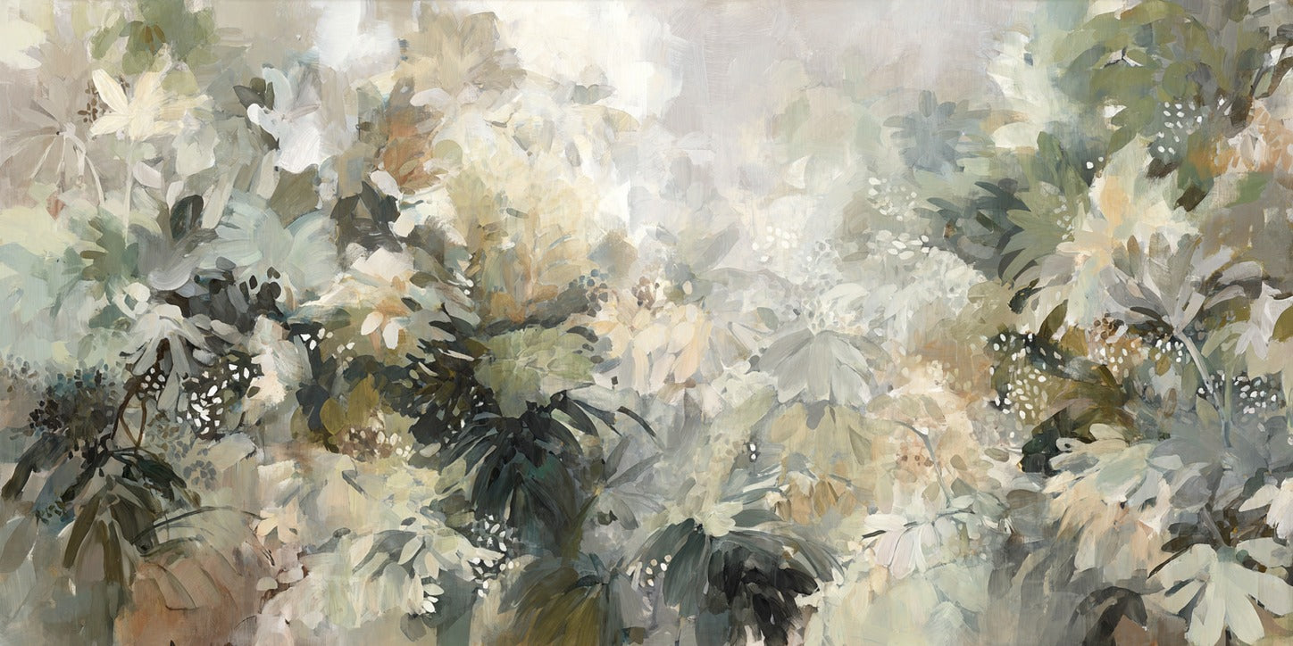 Layered foliage in cream, sage, olive, and charcoal with pale gaps and dark clusters