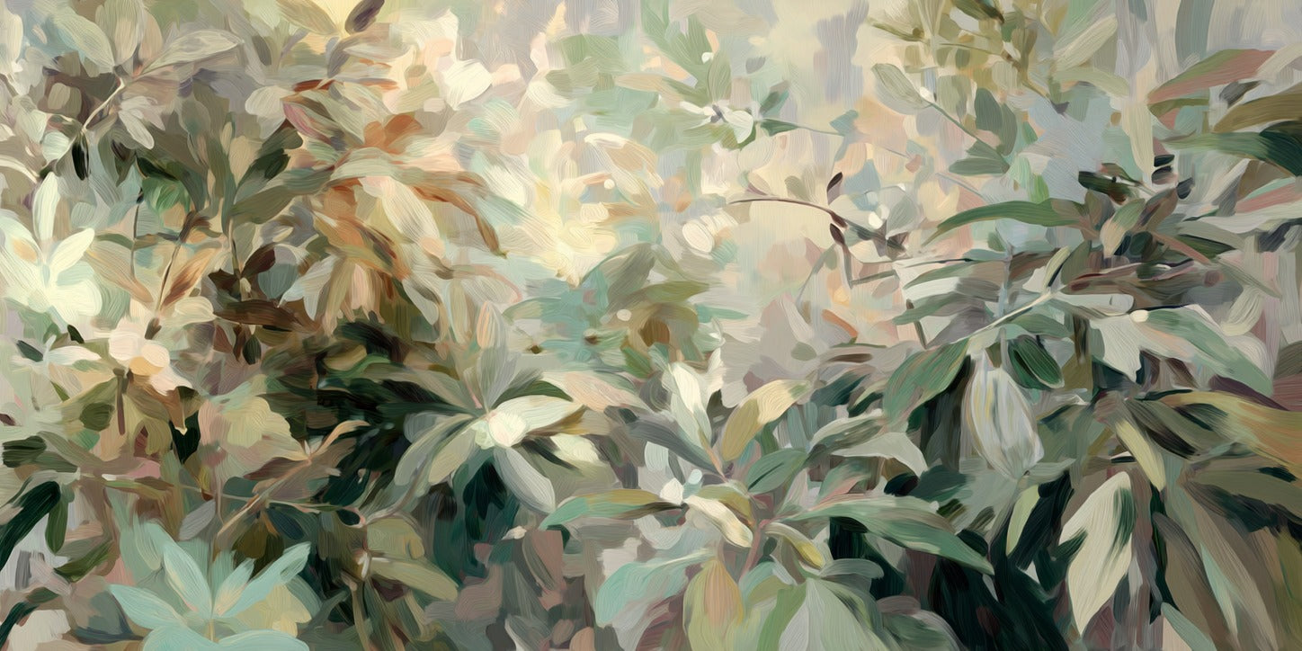 Layered foliage in soft green, cream, and muted gold with a bright center and dark edge clusters