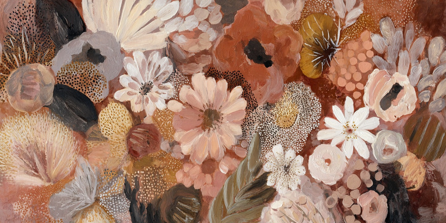 Dense rounded florals in terracotta, blush, cream, gold, and charcoal across a warm brown ground