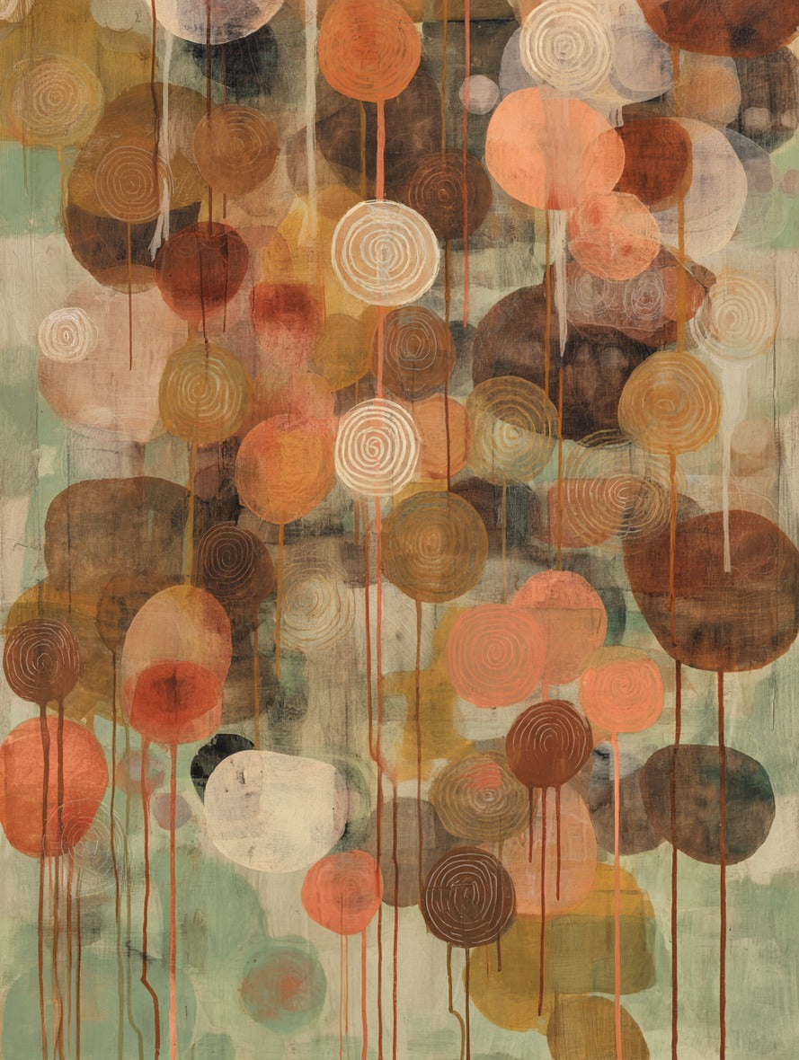 Overlapping coral, cream, and brown circles with spiral centers and vertical drips on pale green ground