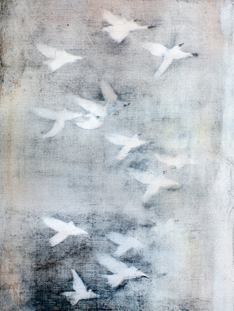 White birds in flight over layered gray mist with a loose diagonal sweep