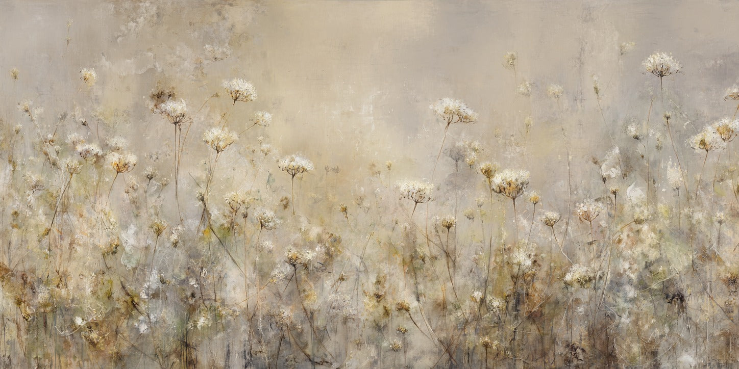 Tall cream wildflowers with thin stems rising through a hazy beige meadow