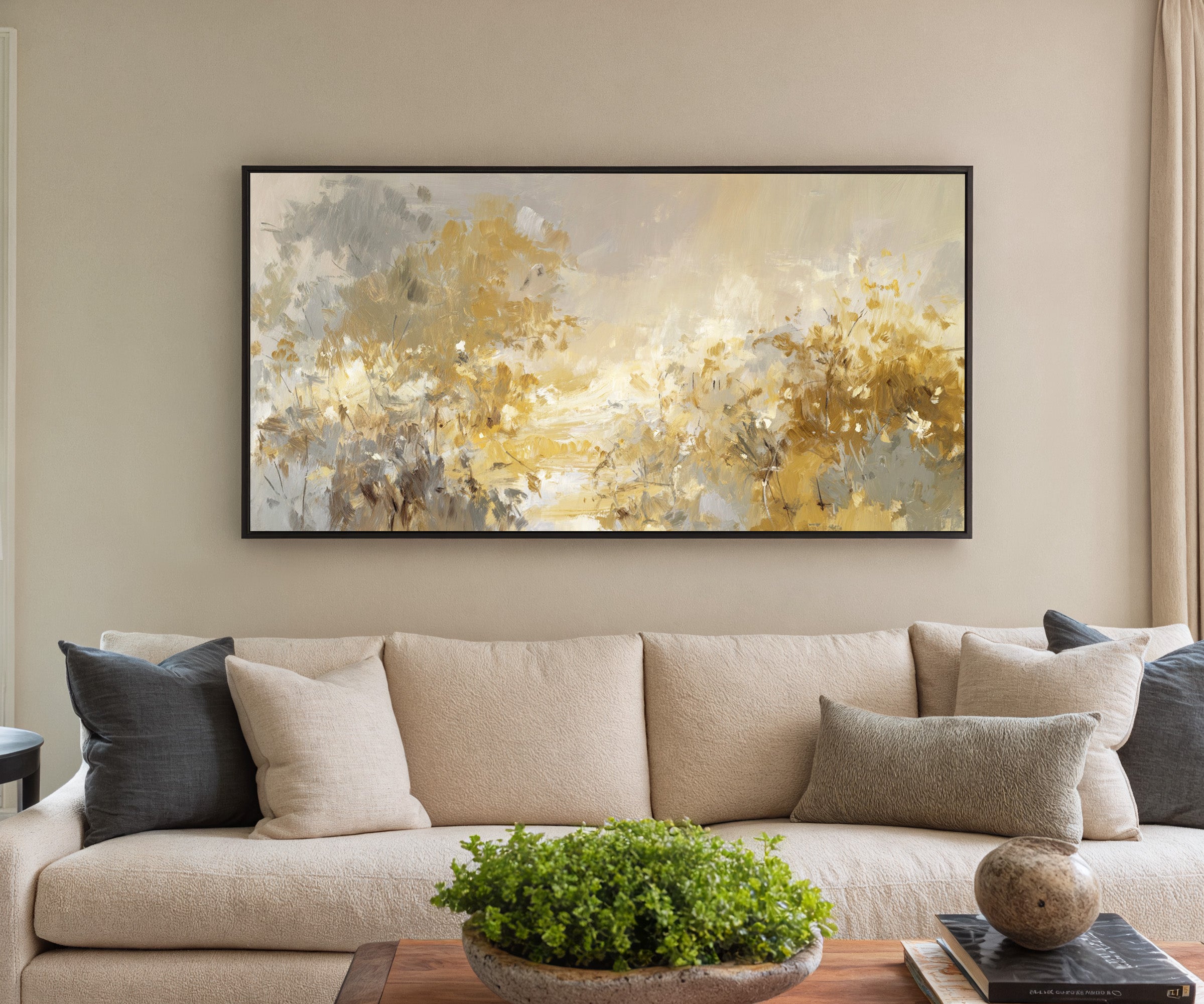 soft gold and gray floral layers canvas wall art in a black frame in a styled room setting