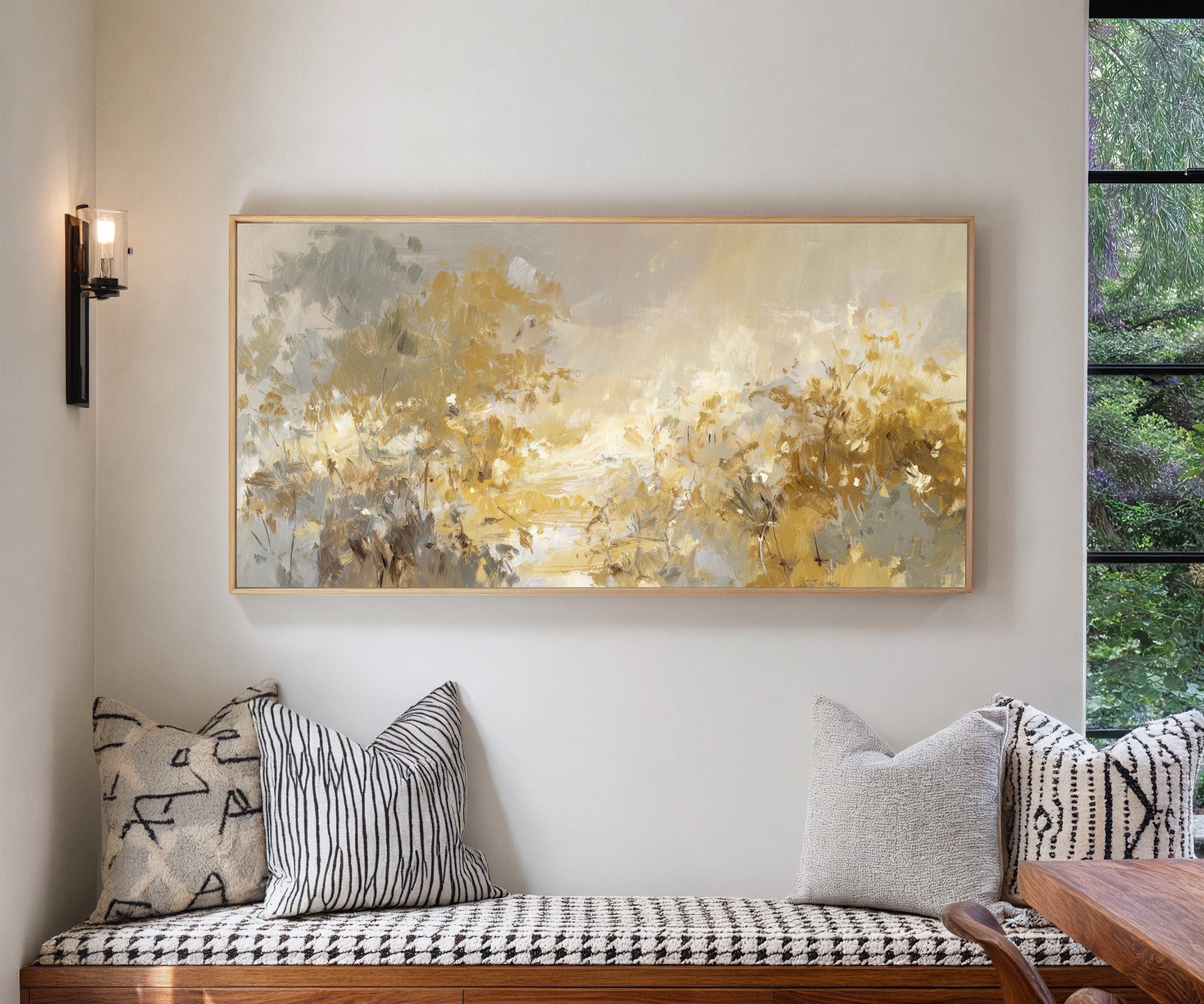soft gold and gray floral layers canvas wall art in a natural wood frame in a living room