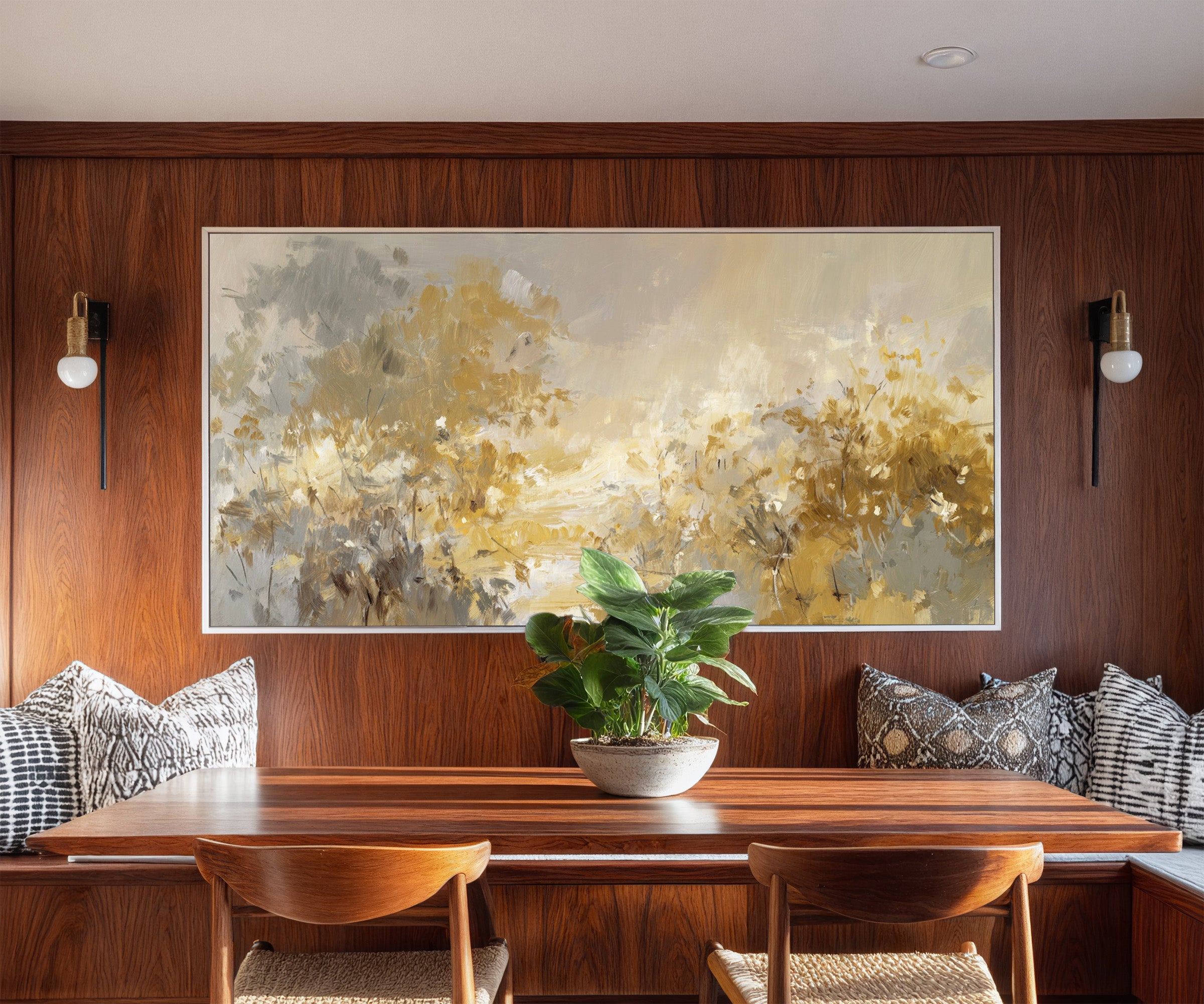 soft gold and gray floral layers canvas wall art in a white frame in a styled room setting