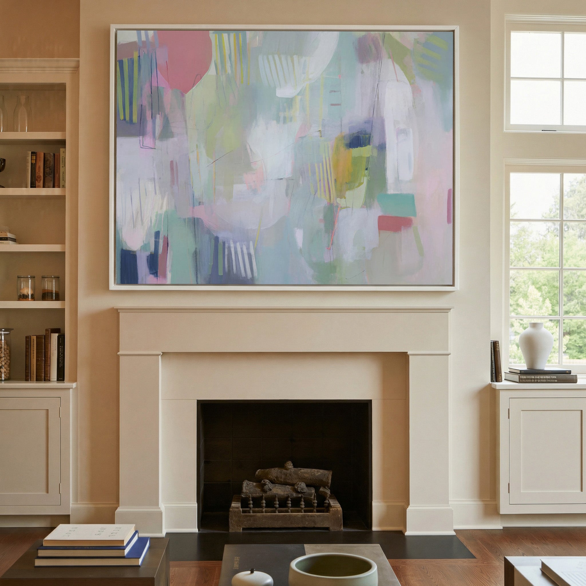 pastel abstract with vertical marks canvas wall art in a white frame above a mantel