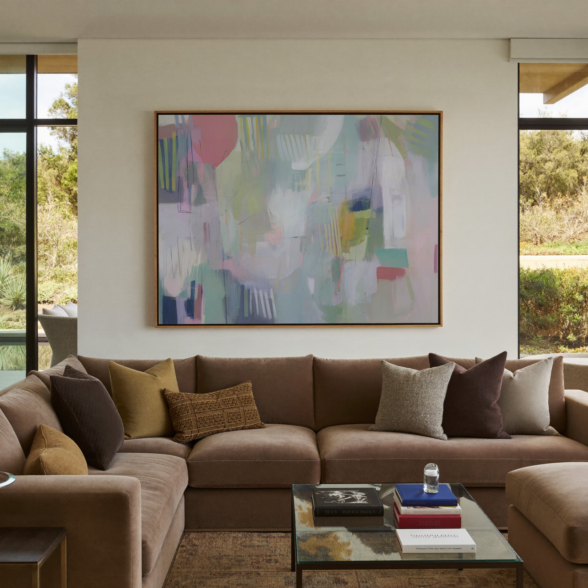 pastel abstract with vertical marks canvas wall art in an oak frame in a styled room setting