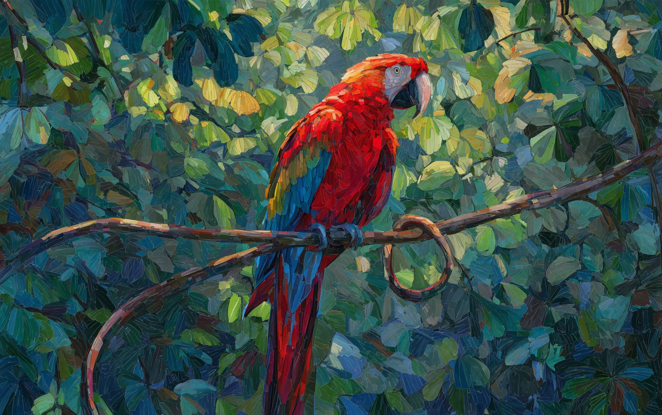 Red parrot with blue wings perched on a curved branch against dense green leaves