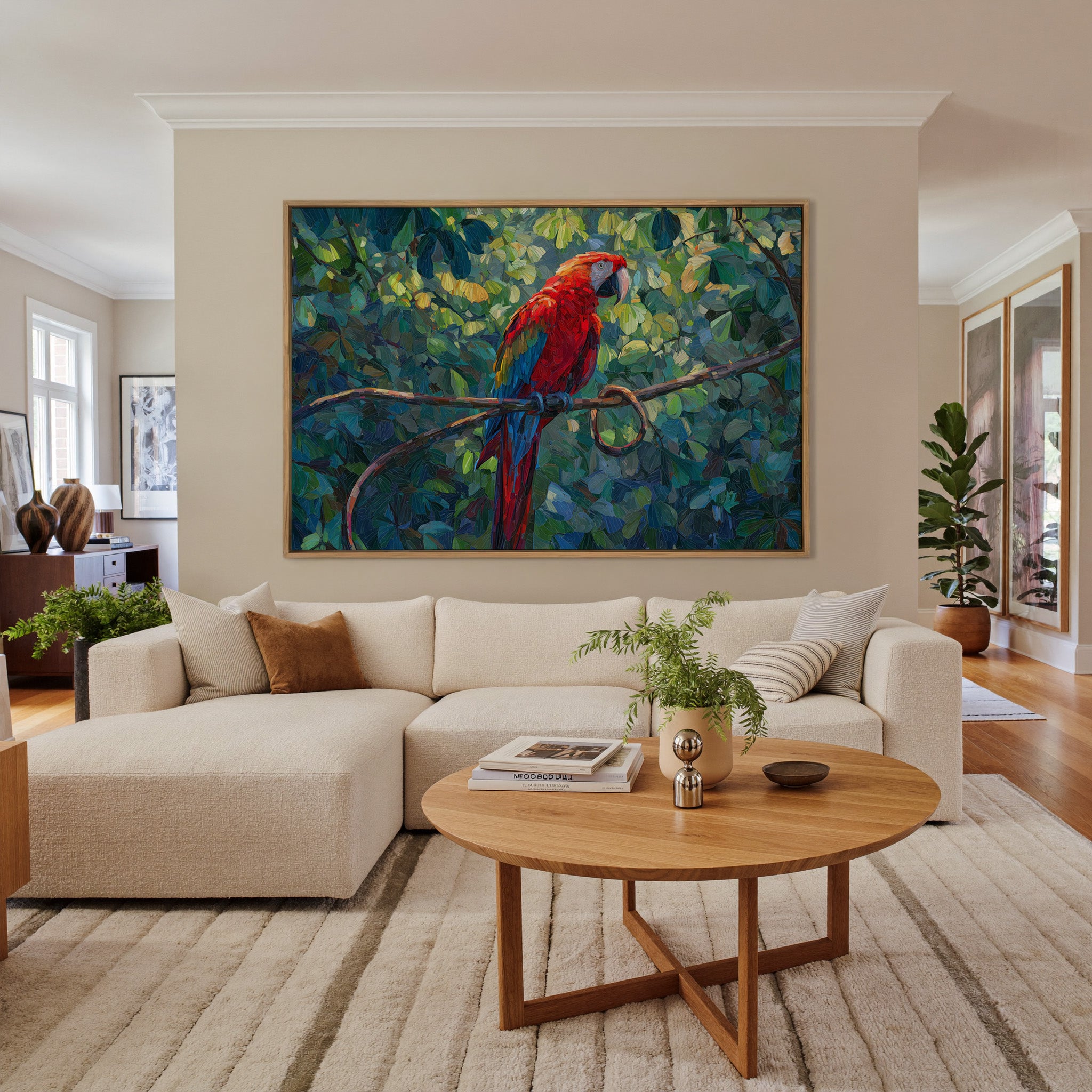 red macaw among dense green foliage canvas wall art in an oak frame in a living room