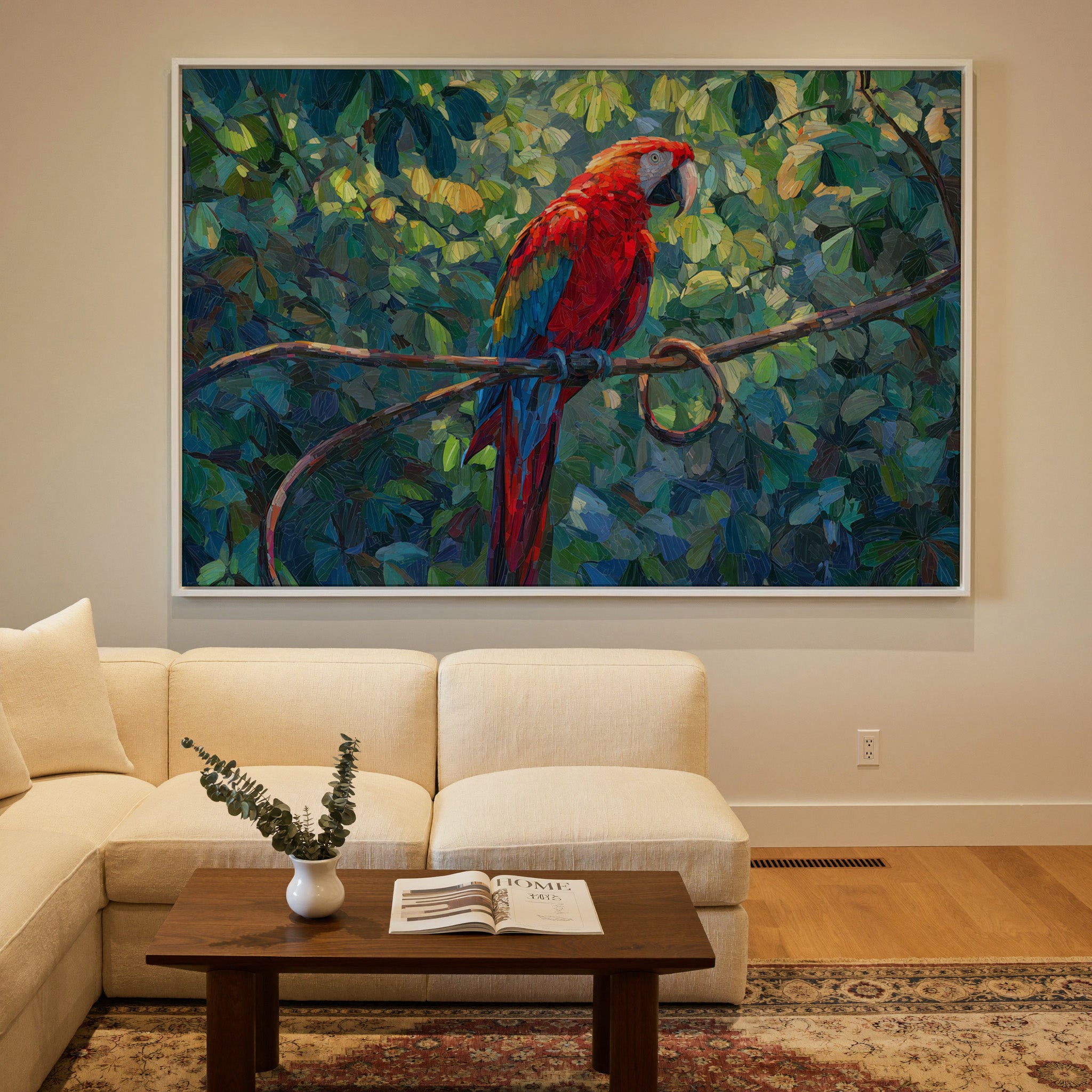 red macaw among dense green foliage canvas wall art in a white frame in a styled room setting
