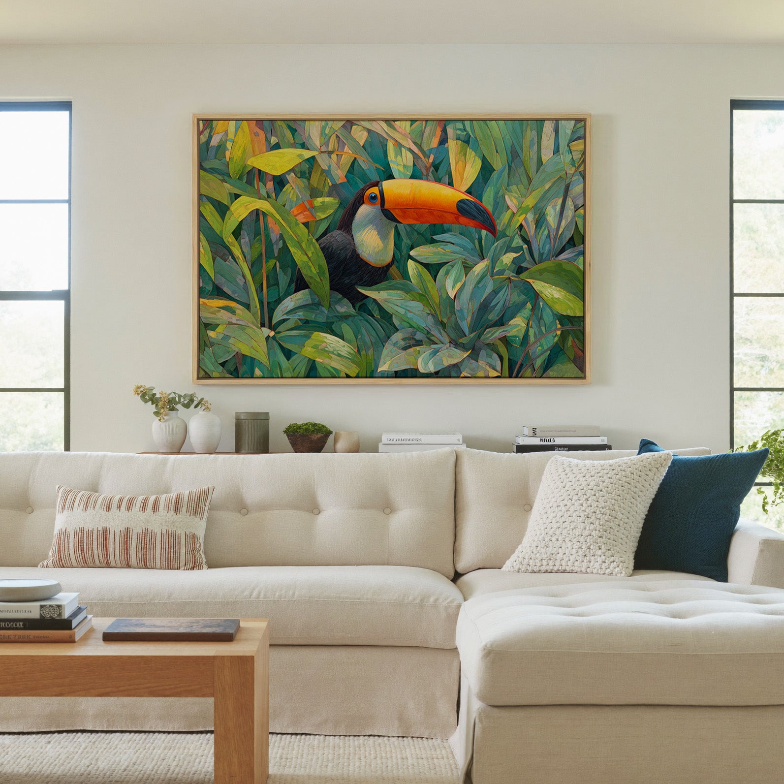 toucan in dense tropical foliage canvas wall art in a natural wood frame in a living room