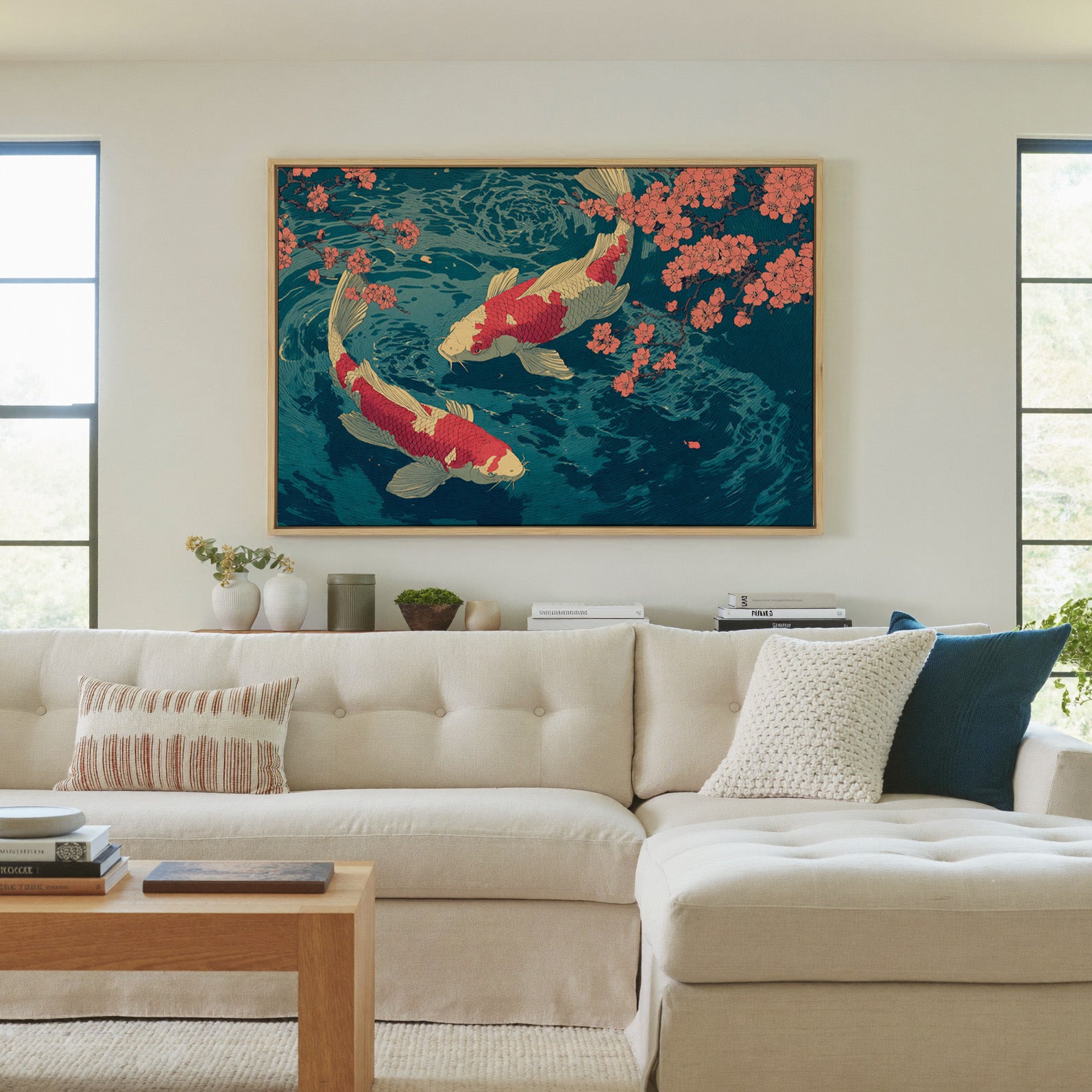 red and cream koi beneath coral blossoms over canvas wall art in a natural wood frame in a living room