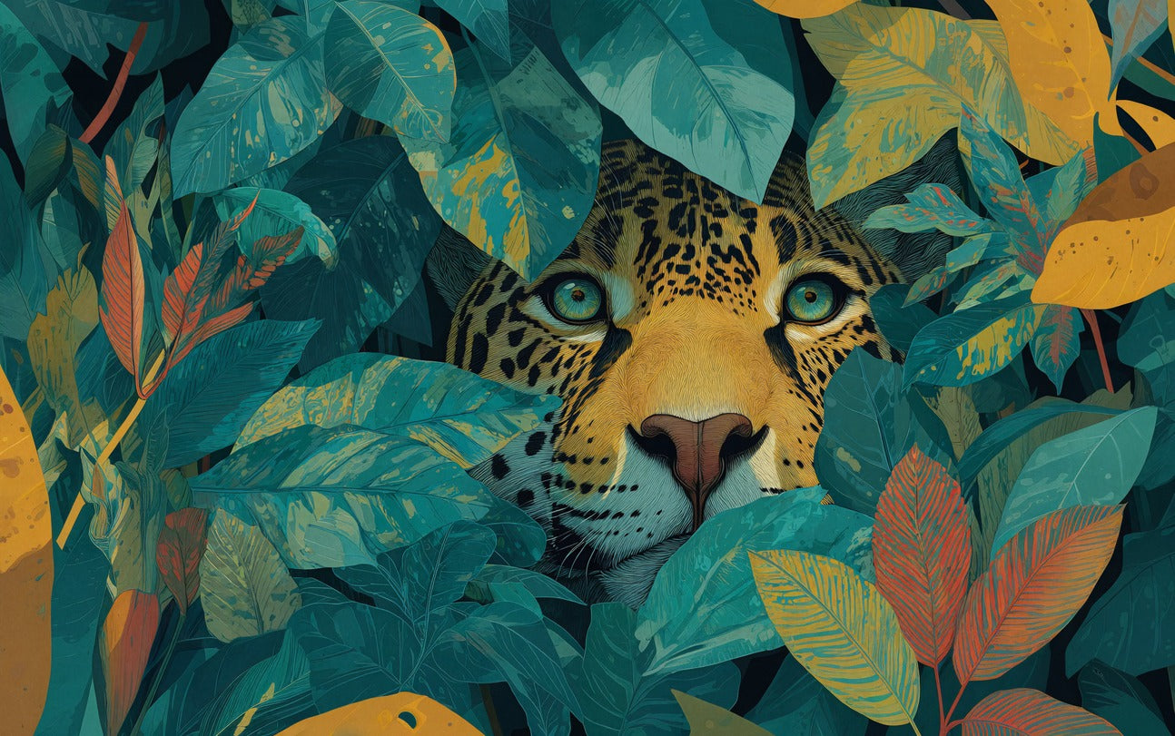 Leopard face framed by teal leaves and gold foliage, with bright eyes centered in dense jungle greenery
