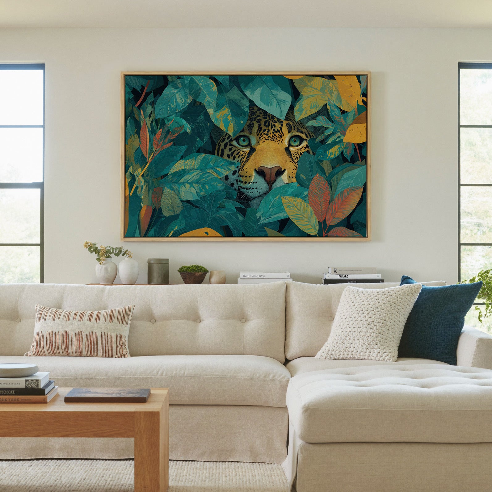 leopard face framed by teal leaves and gold canvas wall art in a natural wood frame in a living room