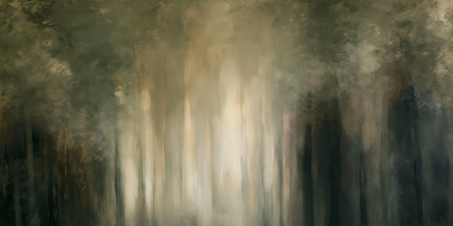 Pale vertical light bands through dark green forest shapes in cream and olive