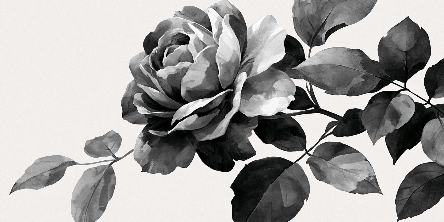 Black and white floral branch with layered bloom, oval leaves, and open light background