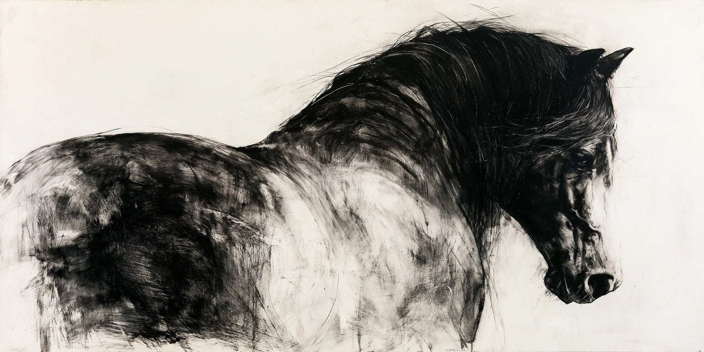 Black horse profile with flowing mane in stark black and white against a pale ground
