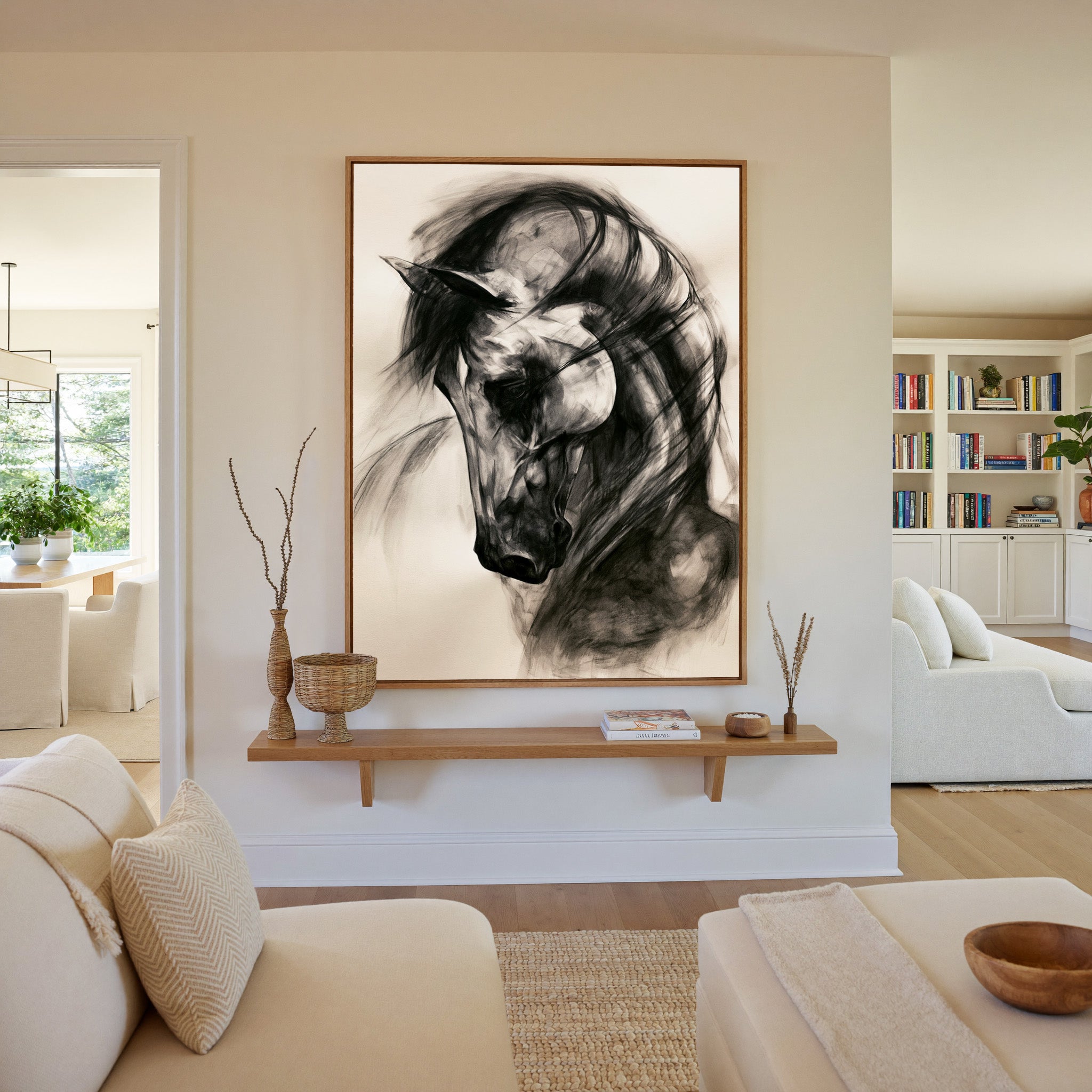 black and white horse portrait with sweeping canvas wall art in an oak frame in a living room