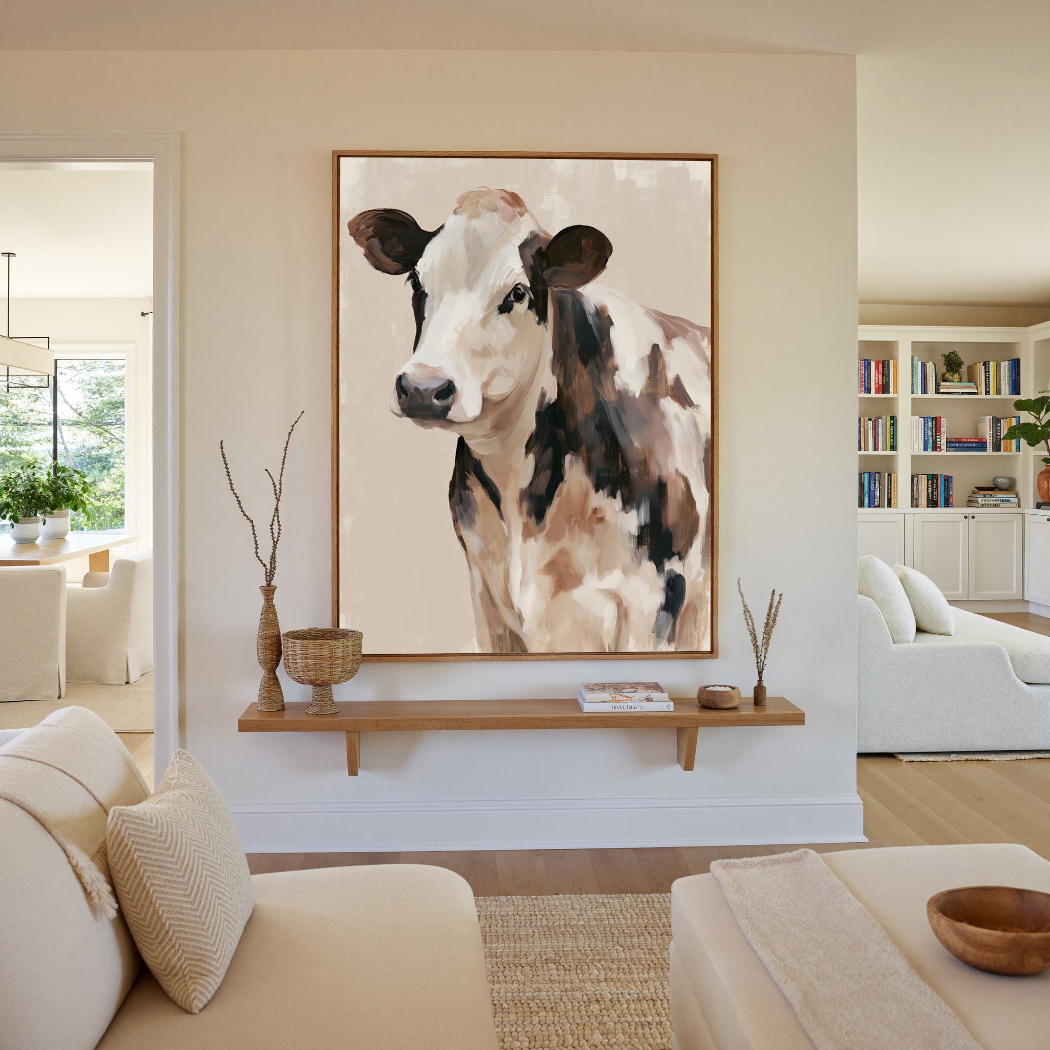 cream and brown cow portrait canvas wall art in an oak frame in a living room