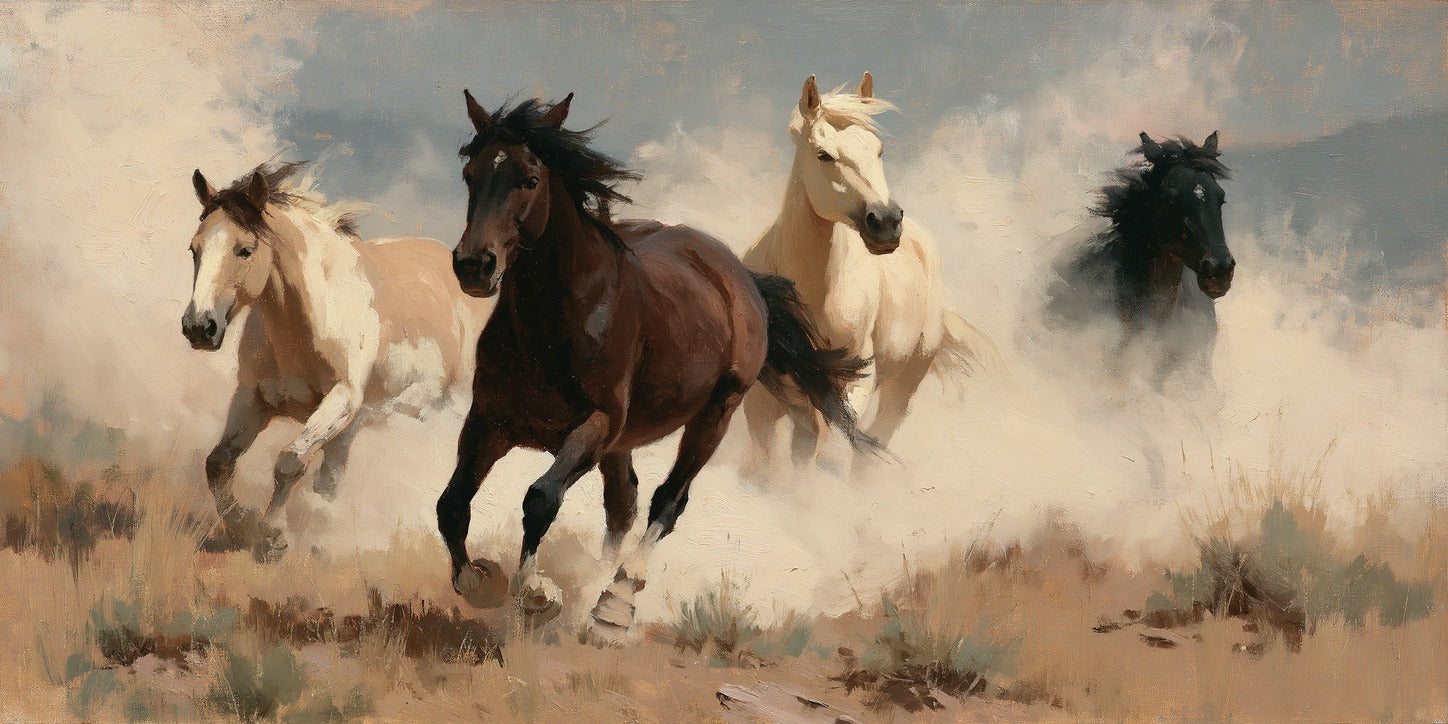 Four running horses in dust, cream and dark coats crossing a dry open field under a pale sky