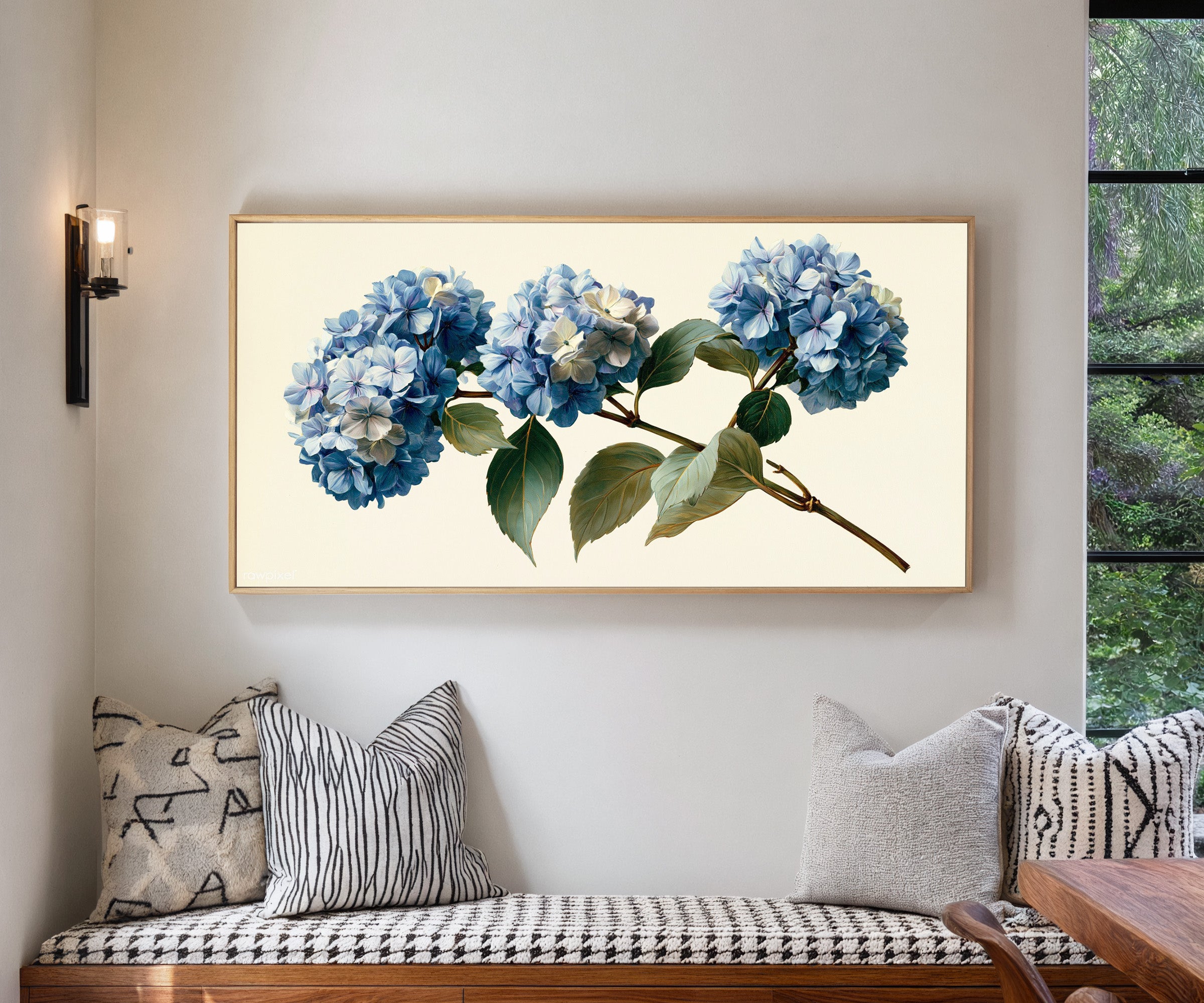 single blue hydrangea stem with clustered blooms canvas wall art in a natural wood frame in a living room