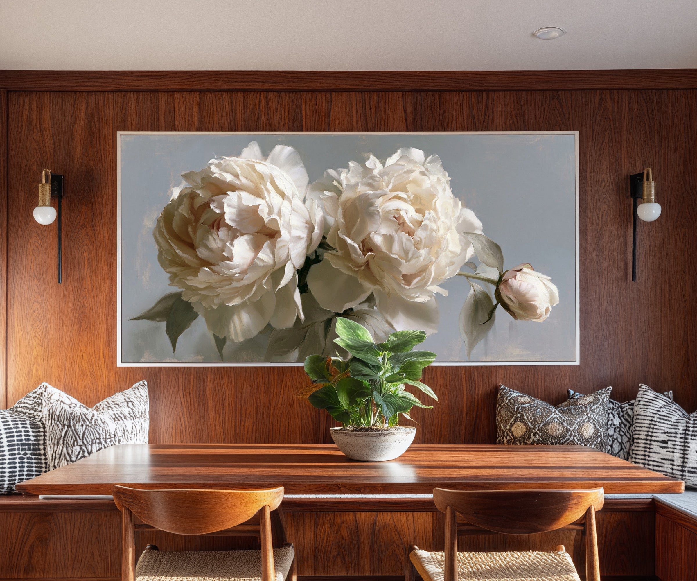 cream peonies with a single bud canvas wall art in a white frame in a styled room setting