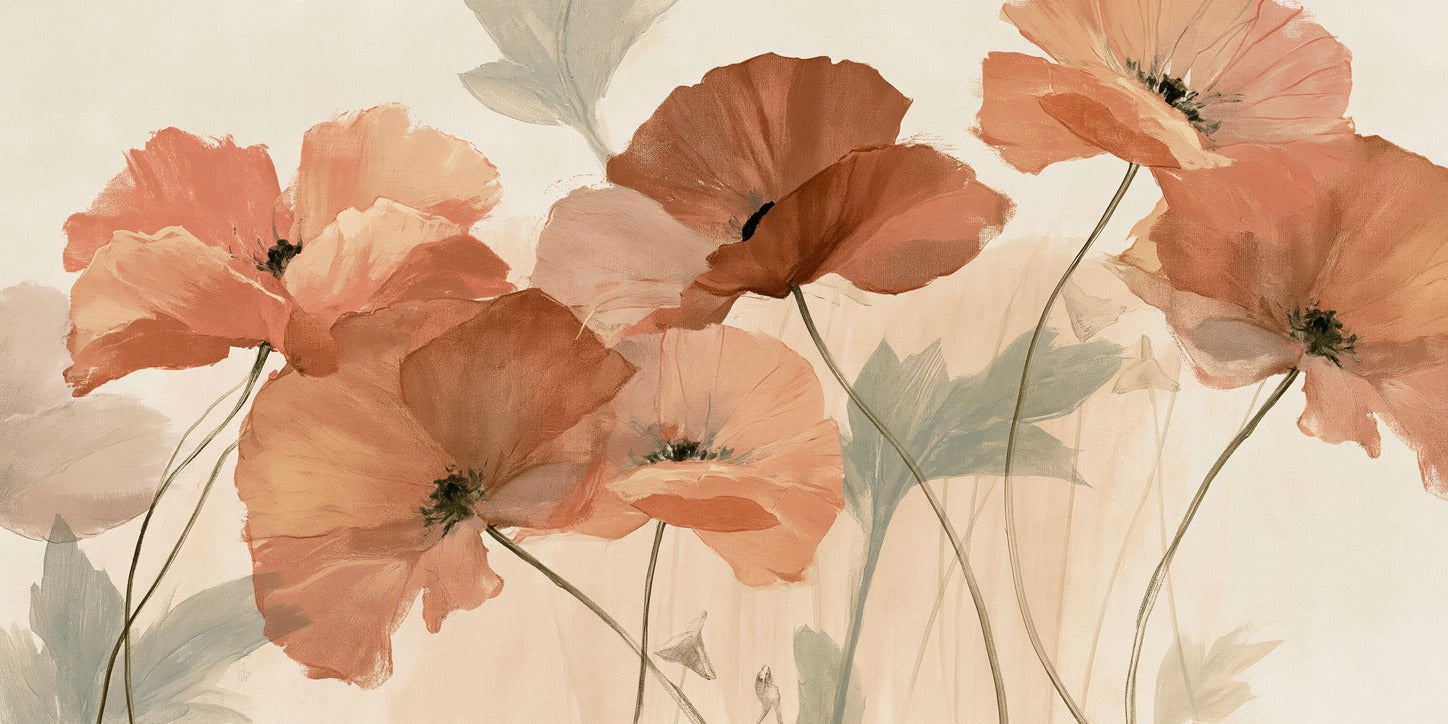 Coral poppy flowers with dark centers and thin stems across a pale cream ground
