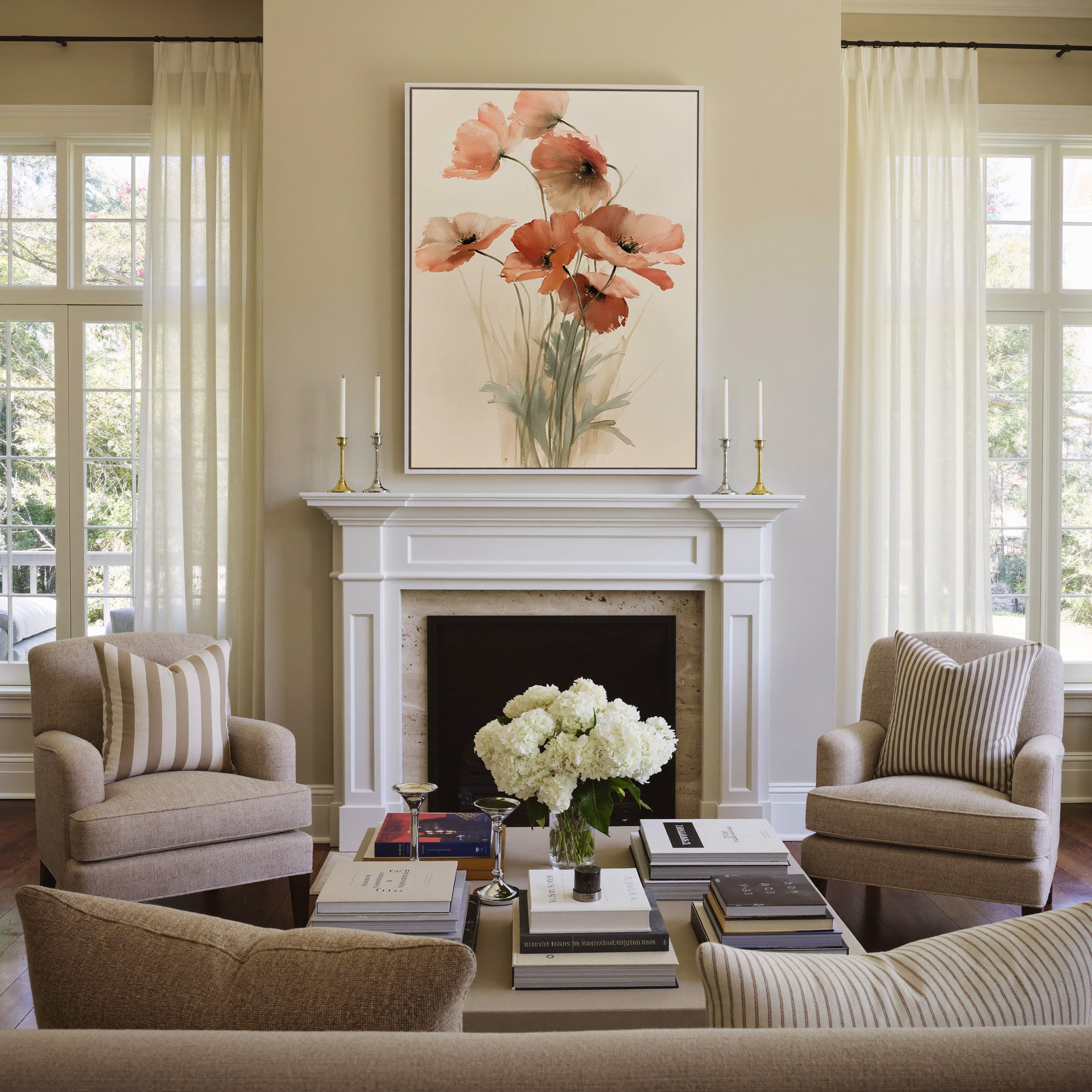 soft coral poppy flowers with thin stems canvas wall art in a white frame above a mantel
