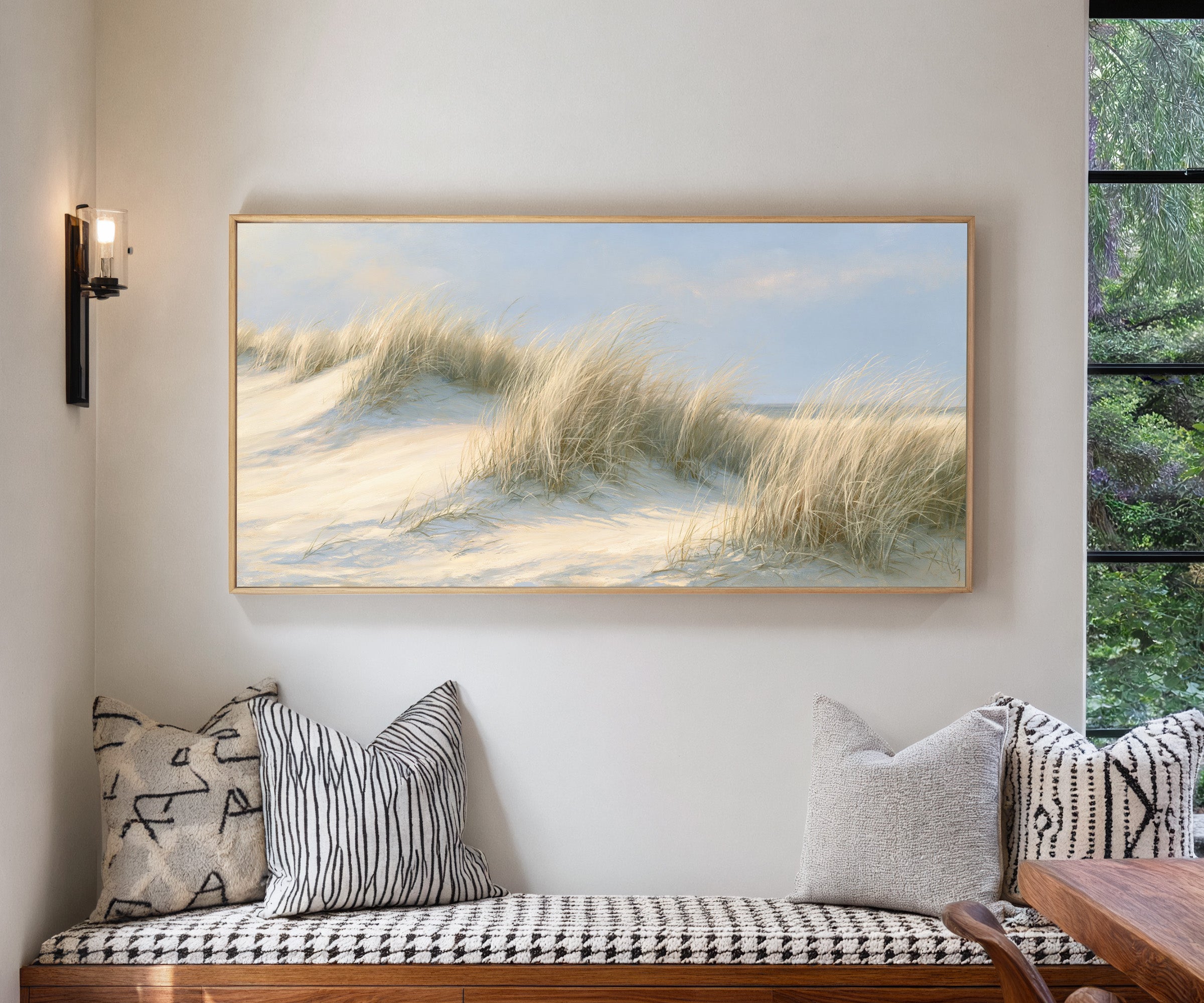 pale dune grass on soft sand canvas wall art in a natural wood frame in a living room