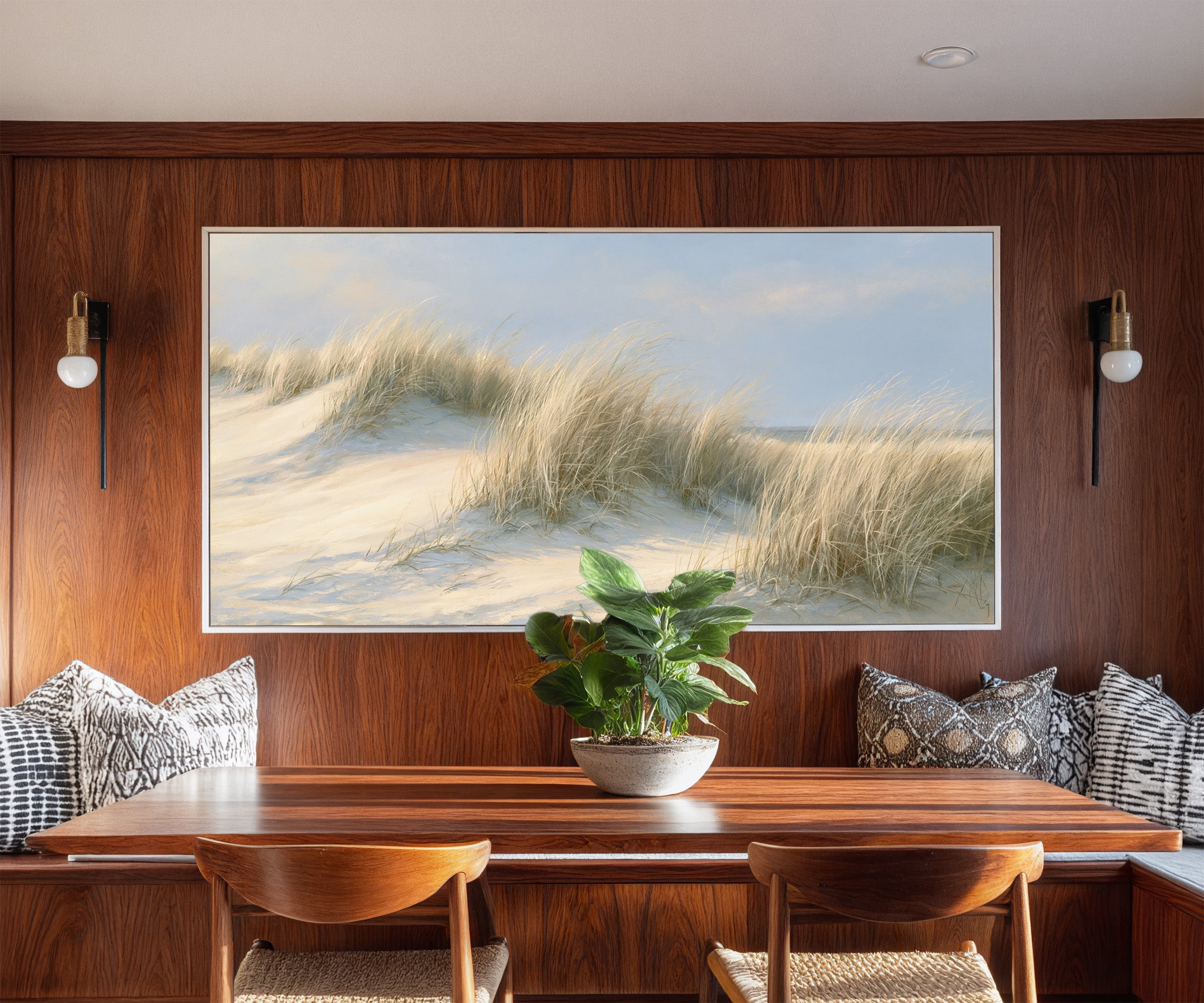 pale dune grass on soft sand canvas wall art in a white frame in a styled room setting