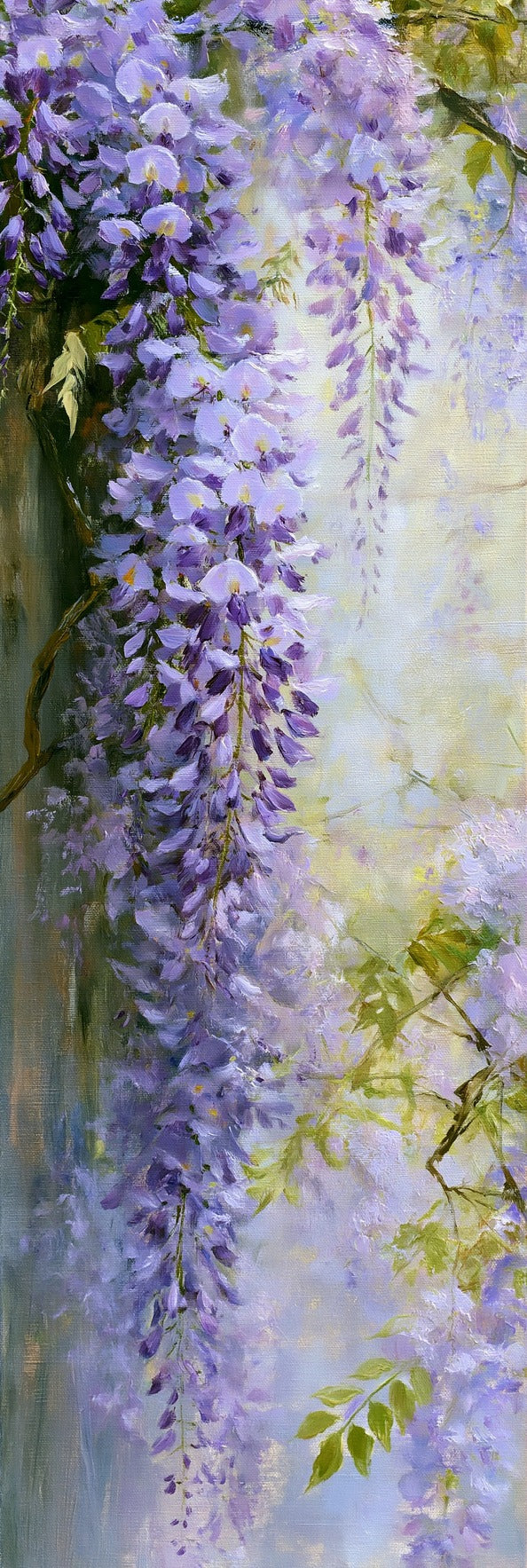 Cascading lavender wisteria strands with pale green leaves against a light cream ground