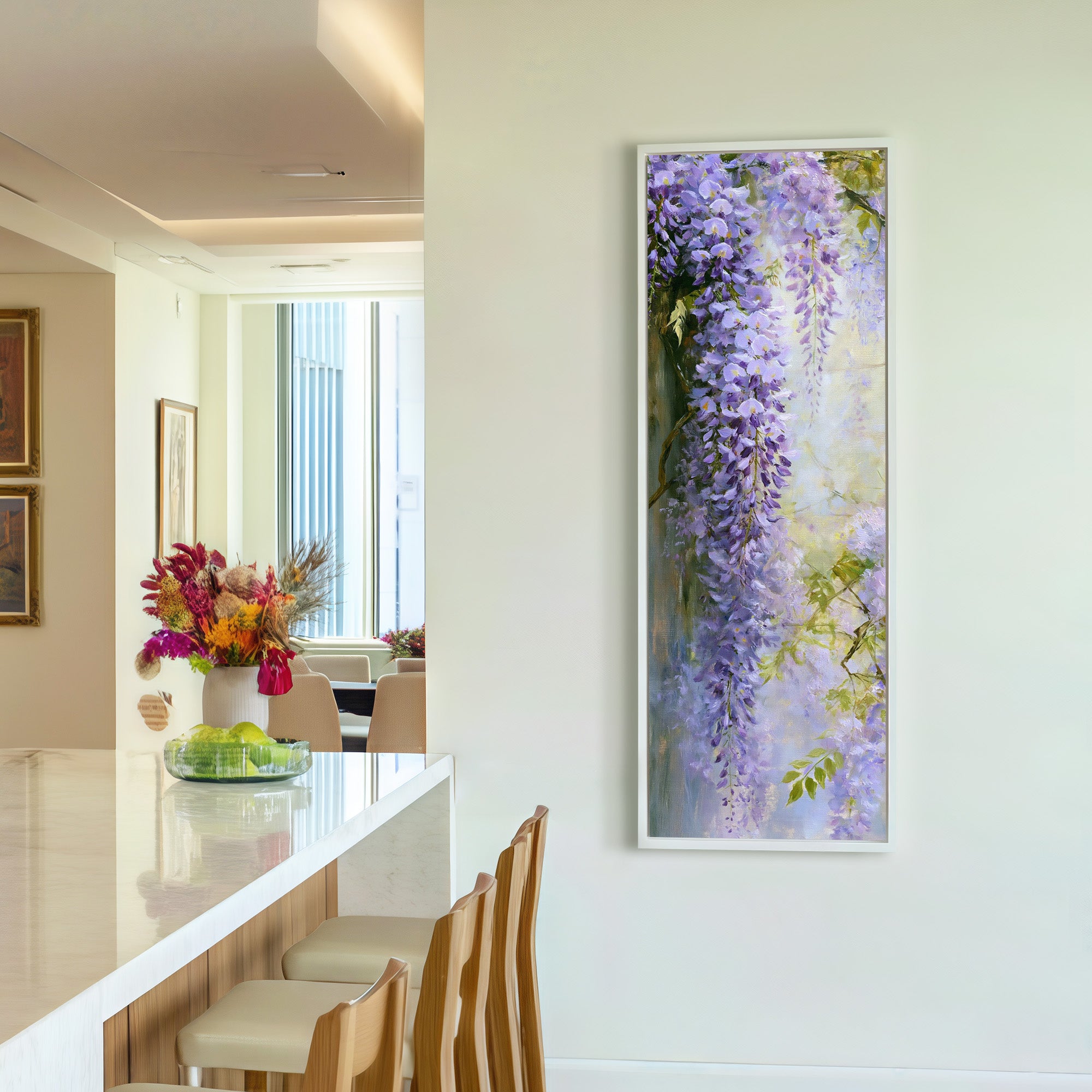 cascading lavender wisteria against a pale canvas wall art in a white frame in a styled room setting