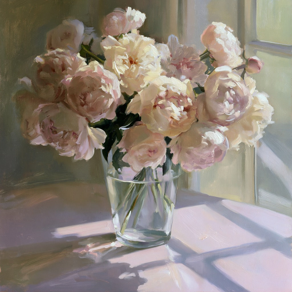 Blush and cream peony bouquet in a glass vase with long window shadows across the table