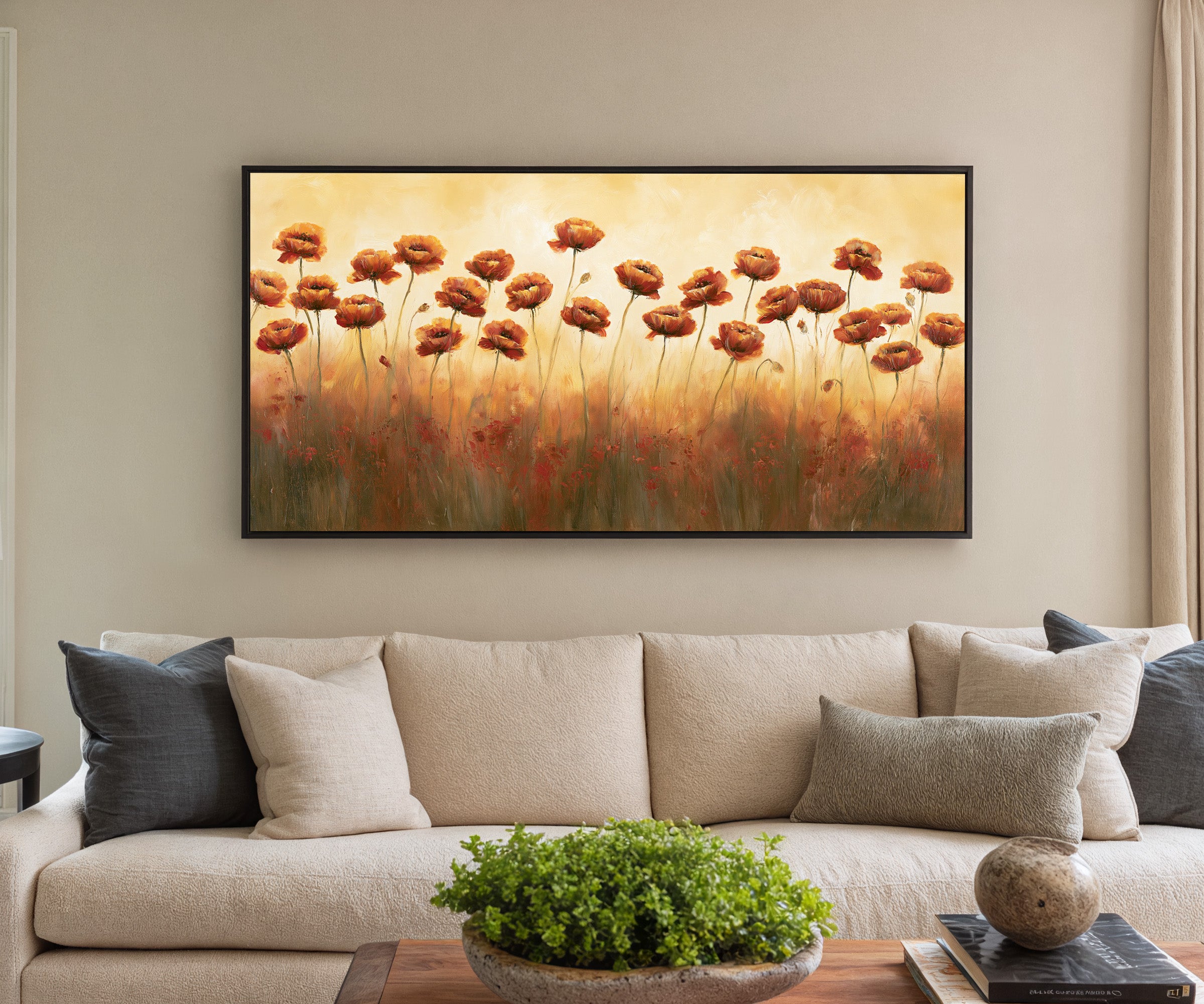 burnt orange poppy field canvas wall art in a black frame in a styled room setting