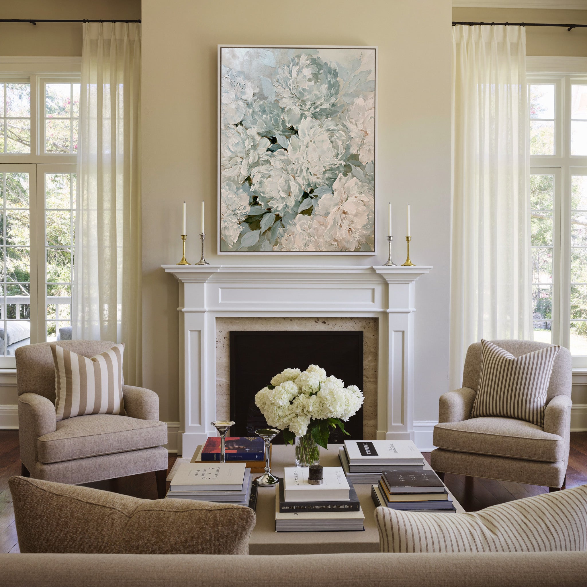 soft white and blush peony bouquet canvas wall art in a white frame above a mantel