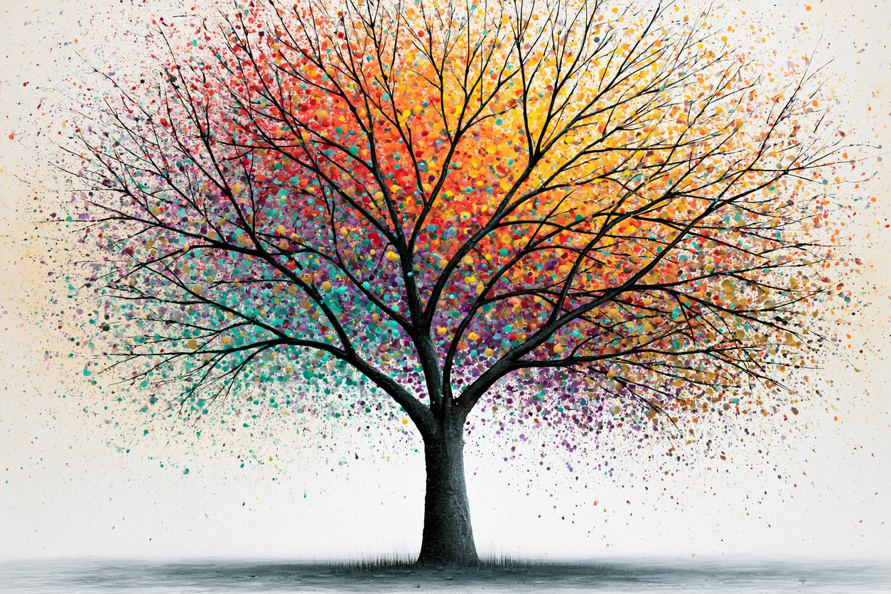 Bare tree with wide black branches and a burst of red, orange, teal, and violet dots