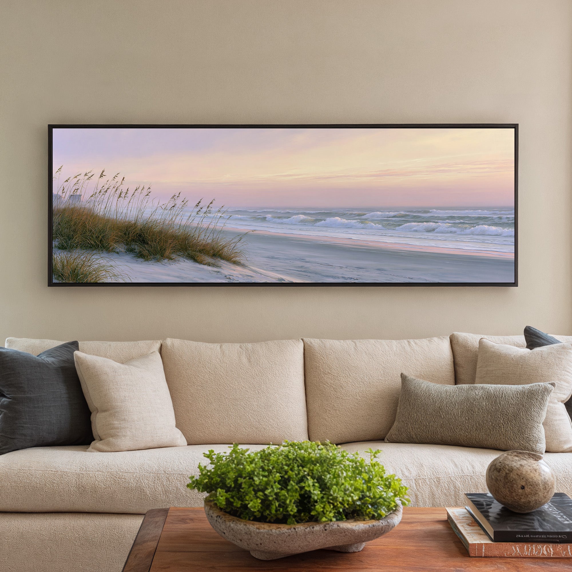 windswept beach at dusk with pale surf and dune canvas wall art in a black frame in a styled room setting