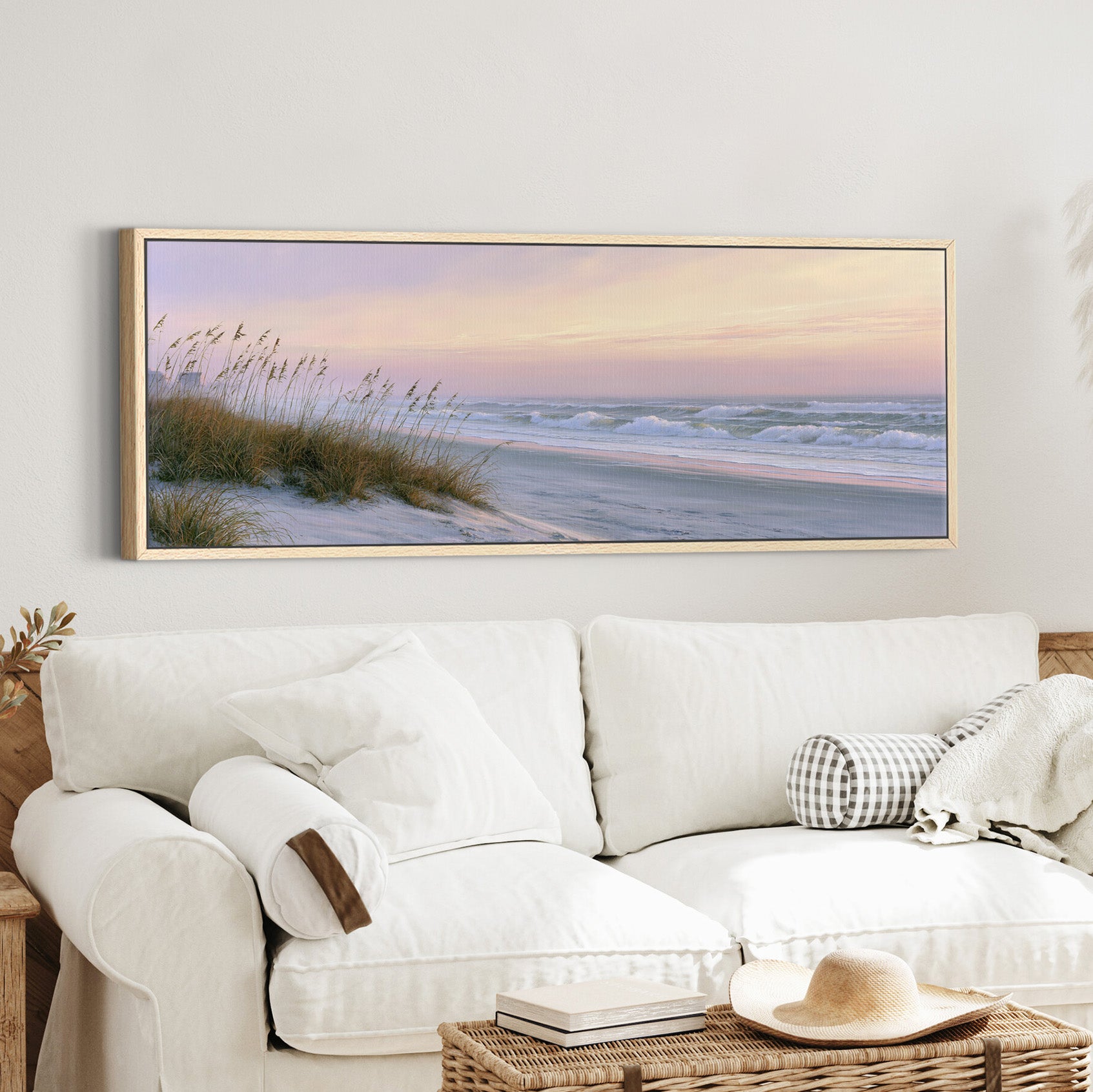 windswept beach at dusk with pale surf and dune canvas wall art in an oak frame in a styled room setting