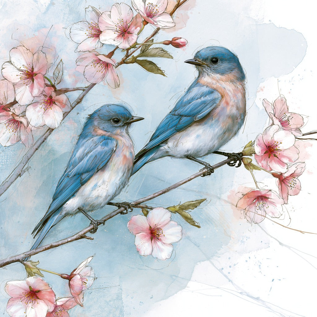 Two bluebirds on a diagonal cherry blossom branch with pink blooms and pale blue background