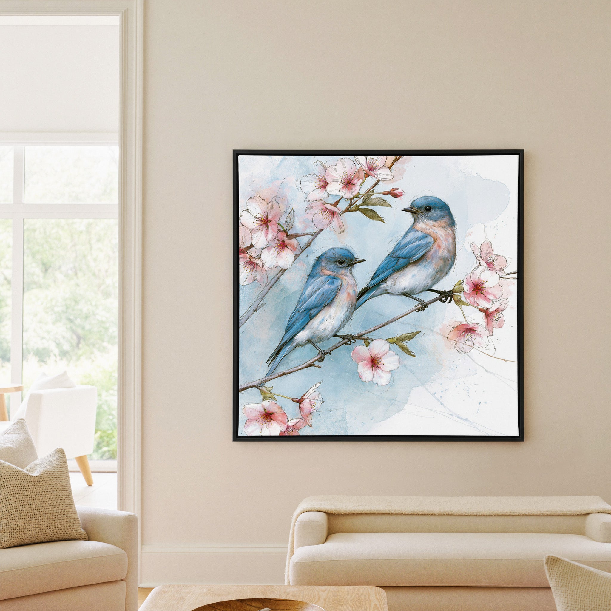 bluebirds on a cherry blossom branch canvas wall art in a black frame in a living room