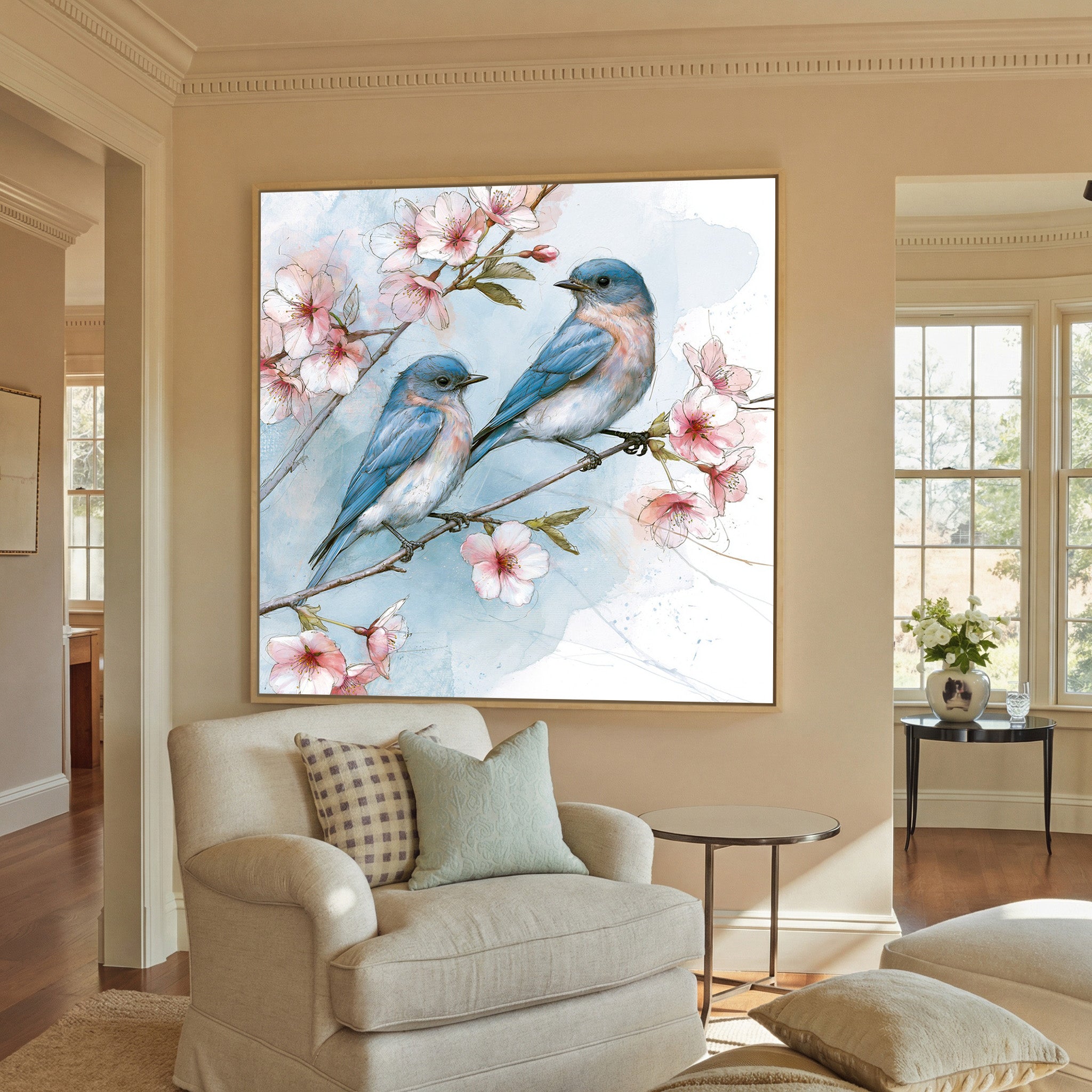 bluebirds on a cherry blossom branch canvas wall art in a natural wood frame in a styled room setting