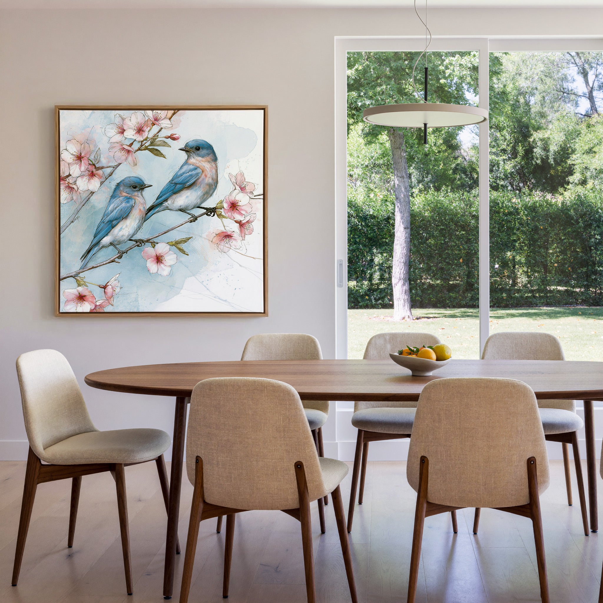 bluebirds on a cherry blossom branch canvas wall art in an oak frame in a dining room