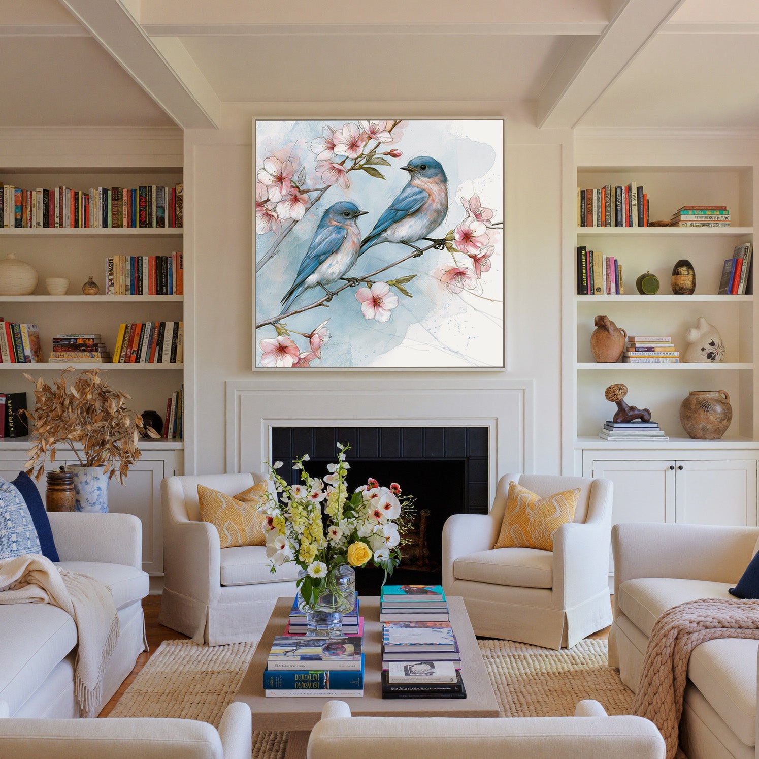 bluebirds on a cherry blossom branch canvas wall art in a white frame above a fireplace