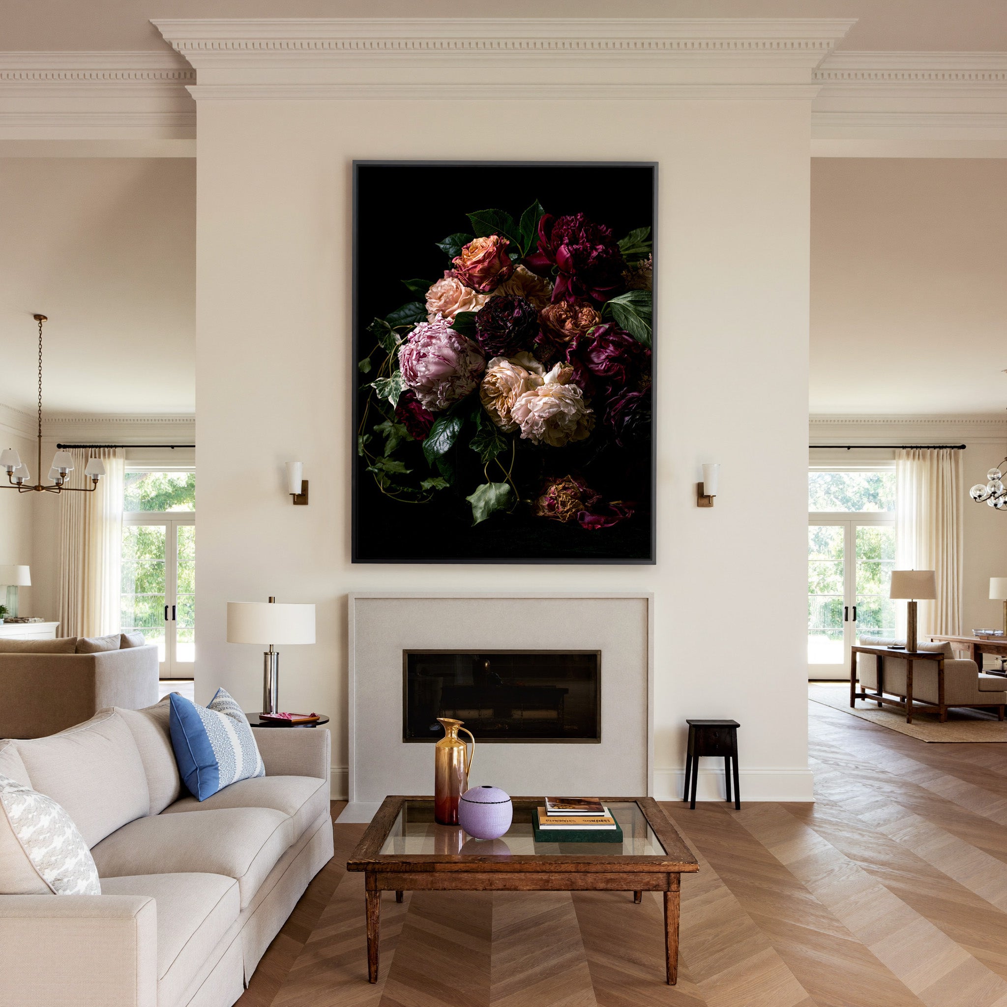 dark floral bouquet with burgundy, blush, and canvas wall art in a black frame above a mantel