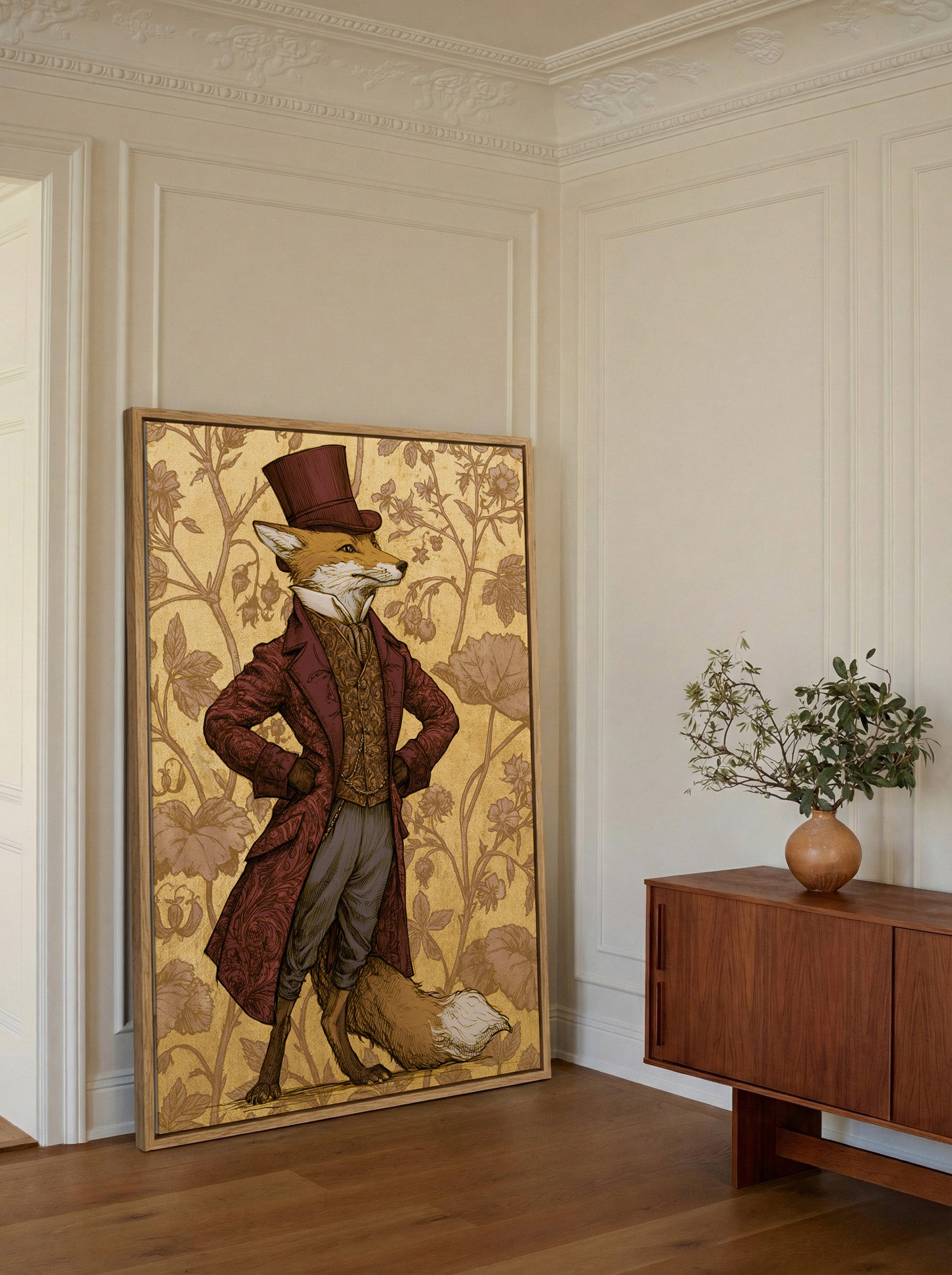 dapper fox in burgundy victorian dress canvas wall art in an oak frame in a styled room setting