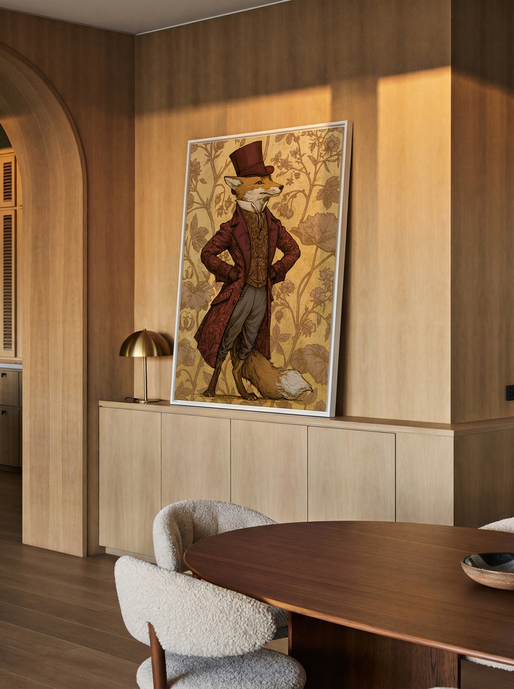 dapper fox in burgundy victorian dress canvas wall art in a white frame in a styled room setting